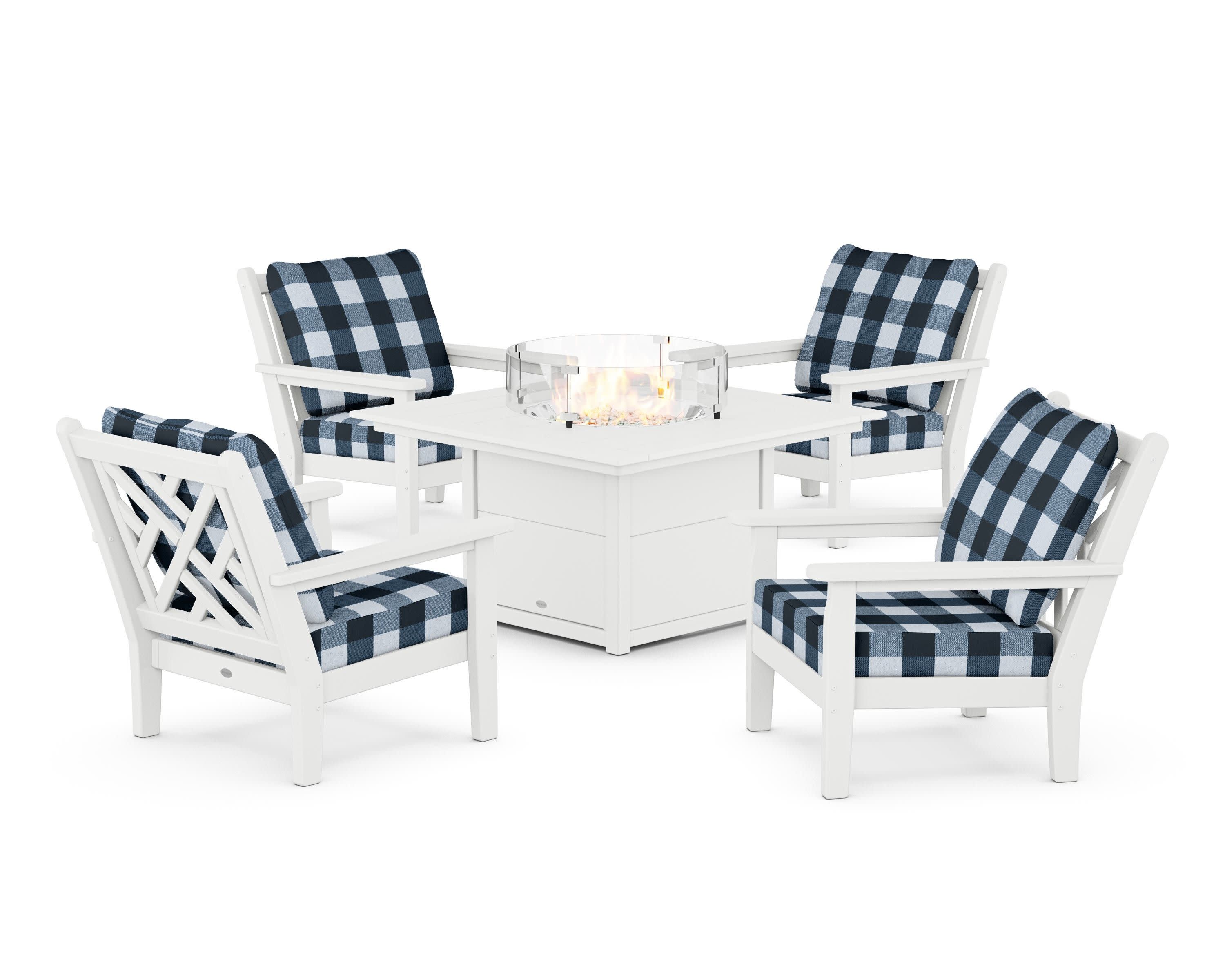 Chippendale 5-Piece Deep Seating Set with Fire Pit Table in White / Buffalo Plaid Marine Indigo