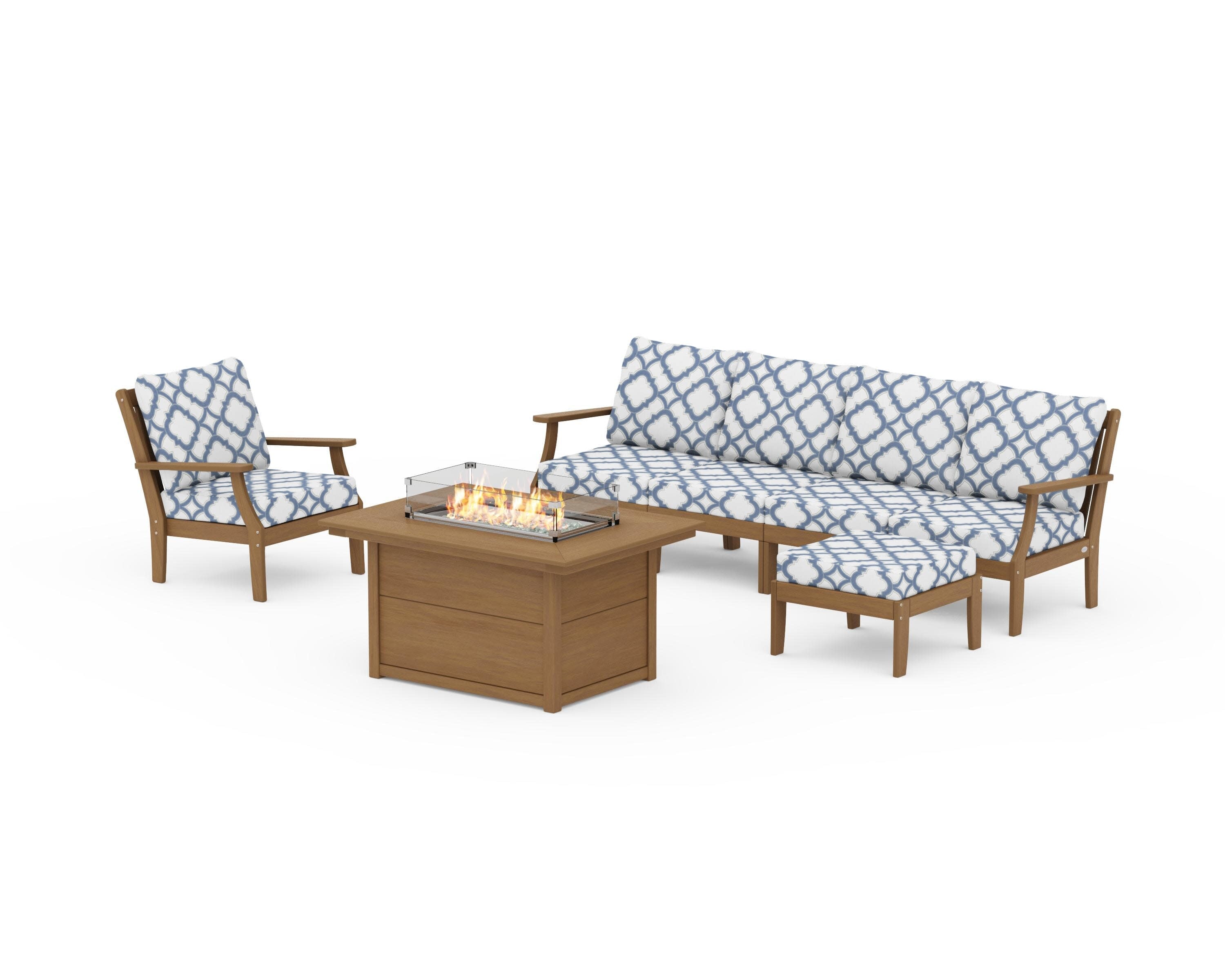 Braxton Sectional Lounge and Fire Pit Set in Natural / Trellis Sky Blue