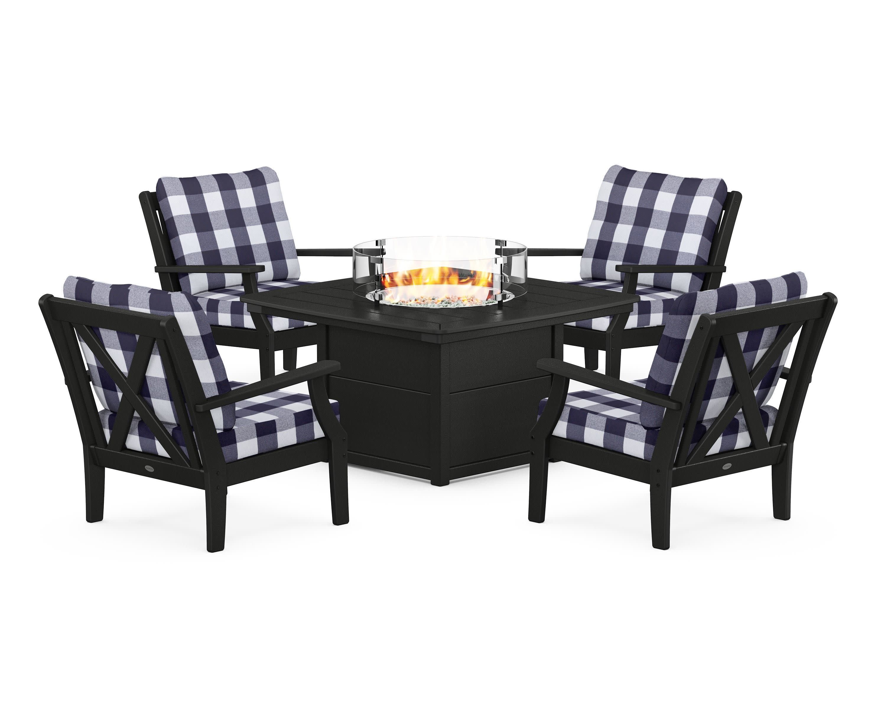 Braxton 5-Piece Deep Seating Conversation Set with Fire Pit Table in Black / Buffalo Plaid Navy