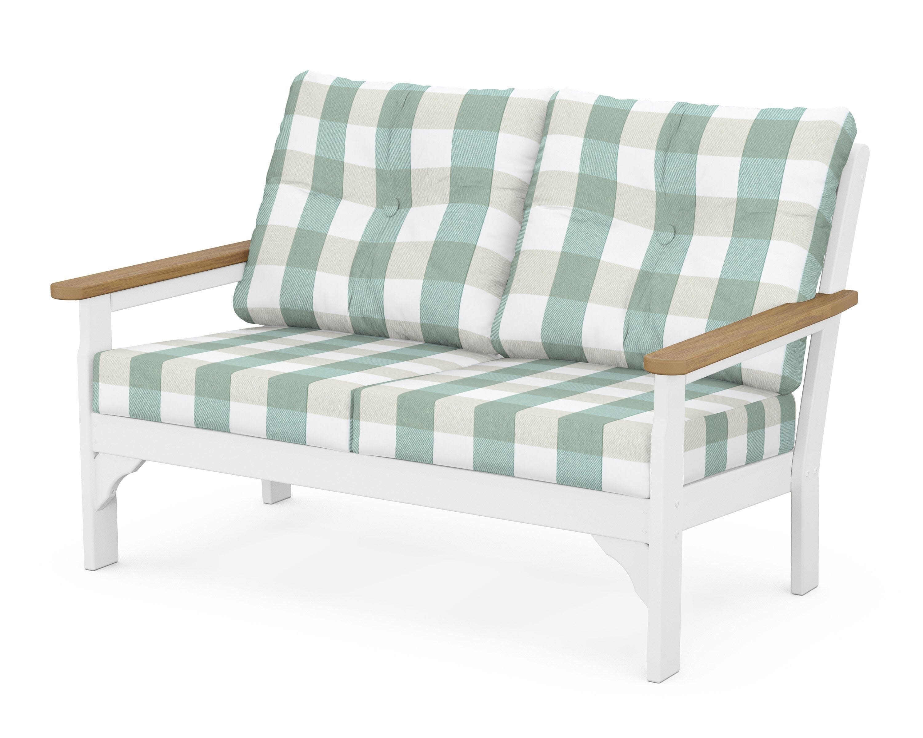 Vineyard Deep Seating Loveseat in White / Natural / Buffalo Plaid Glacier Spa