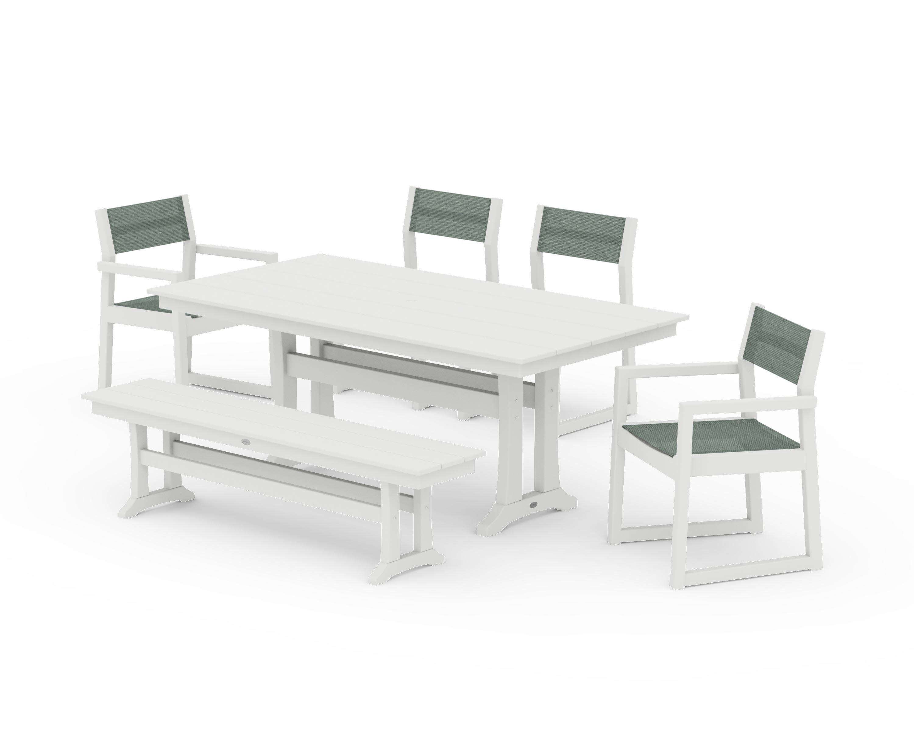 EDGE Sling 6-Piece Farmhouse Dining Set With Trestle Legs in Vintage White / Dupioni Sea Mist Sling