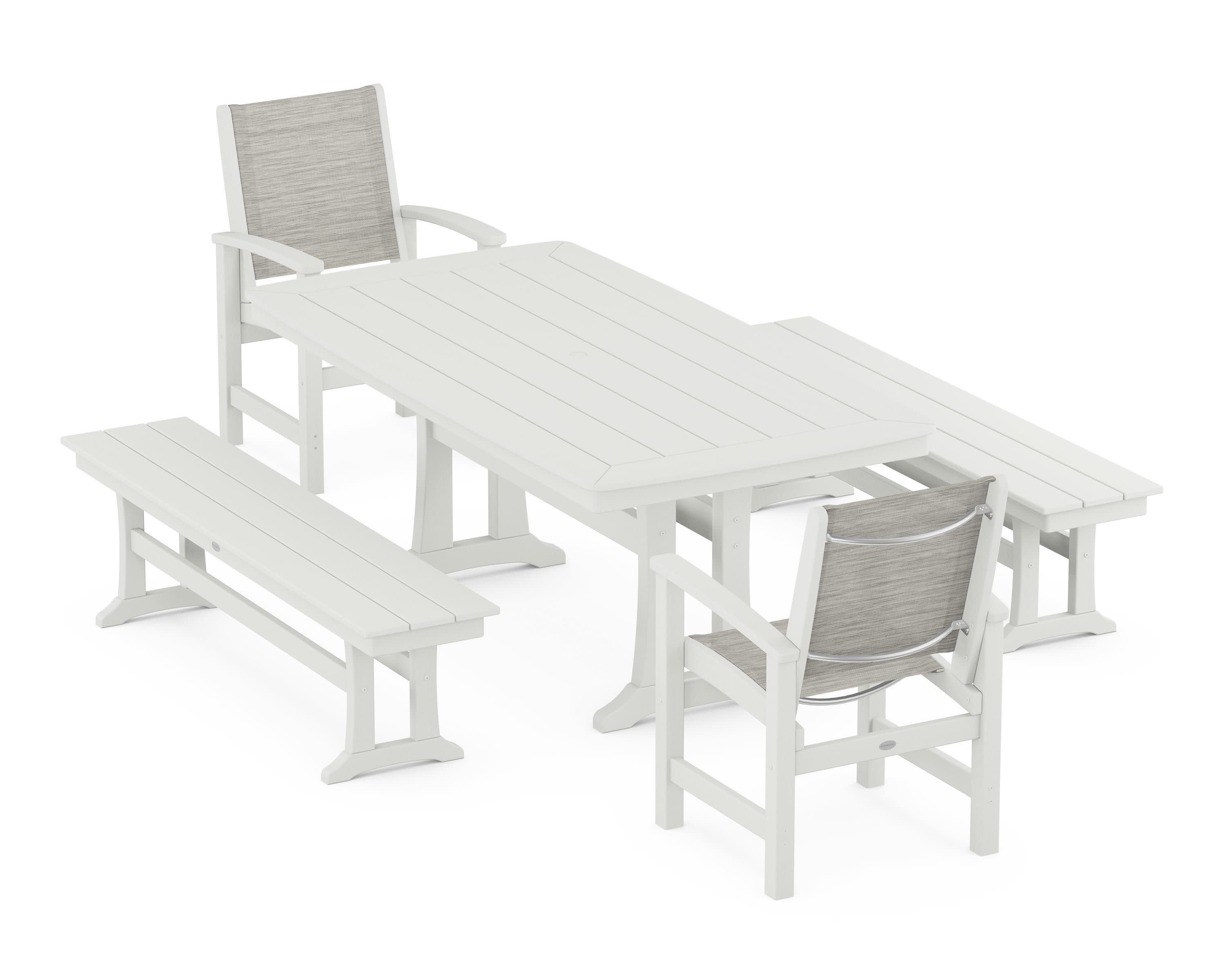 Coastal 5-Piece Dining Set with Trestle Legs and Benches in Vintage White / Birch Sling