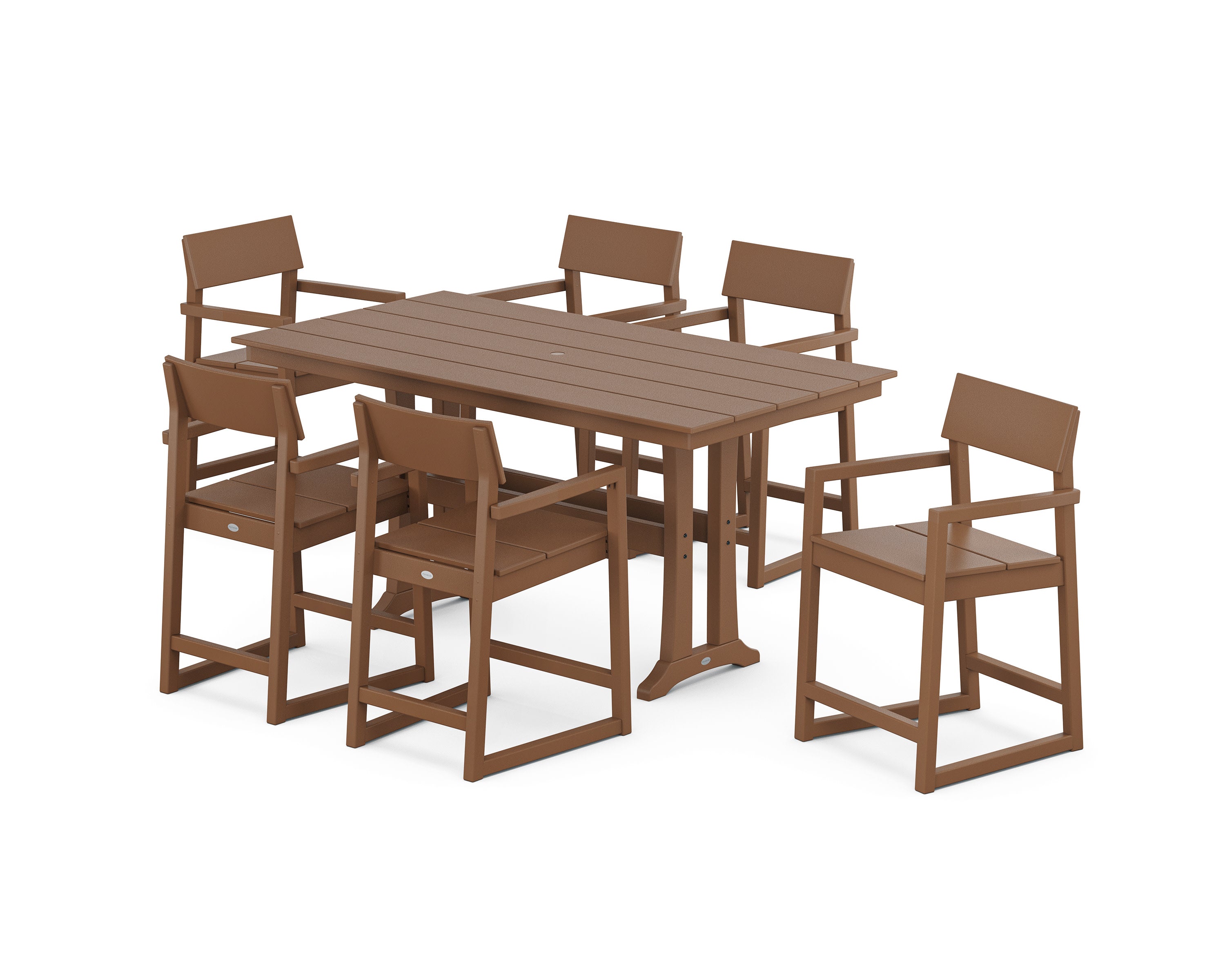 EDGE Arm Chair 7-Piece Farmhouse Counter Set with Trestle Legs in Teak
