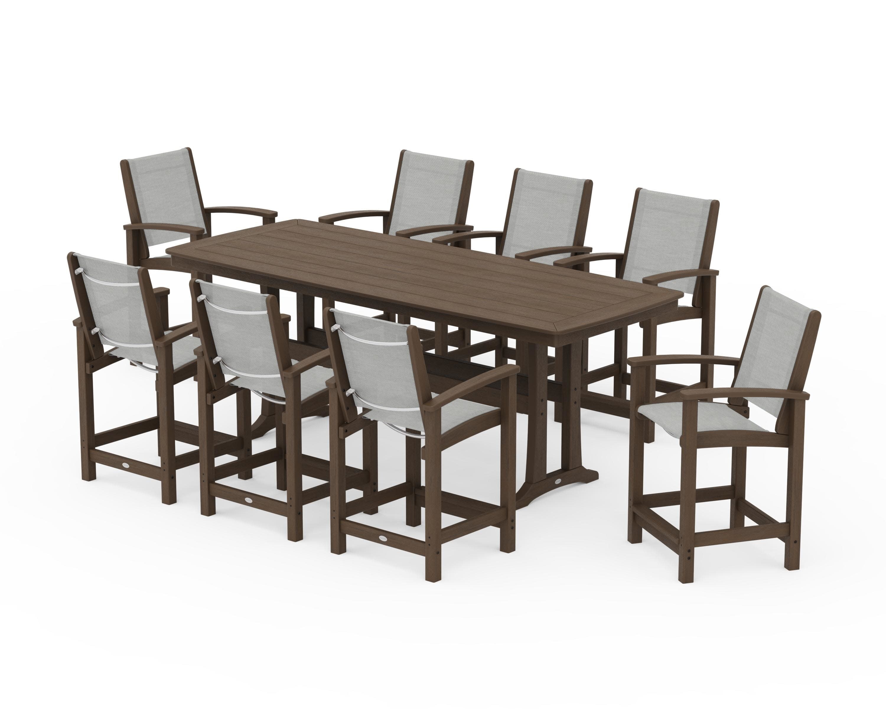 Coastal 9-Piece Counter Set with Trestle Legs in Kona / Metallic Sling