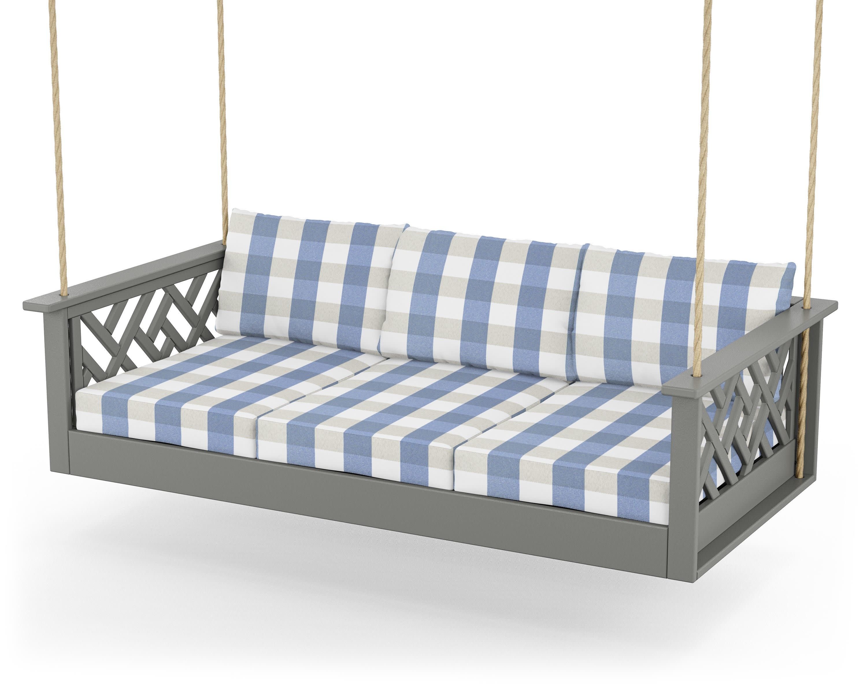 Chippendale Daybed Swing in Slate Grey / Buffalo Plaid Sky Blue