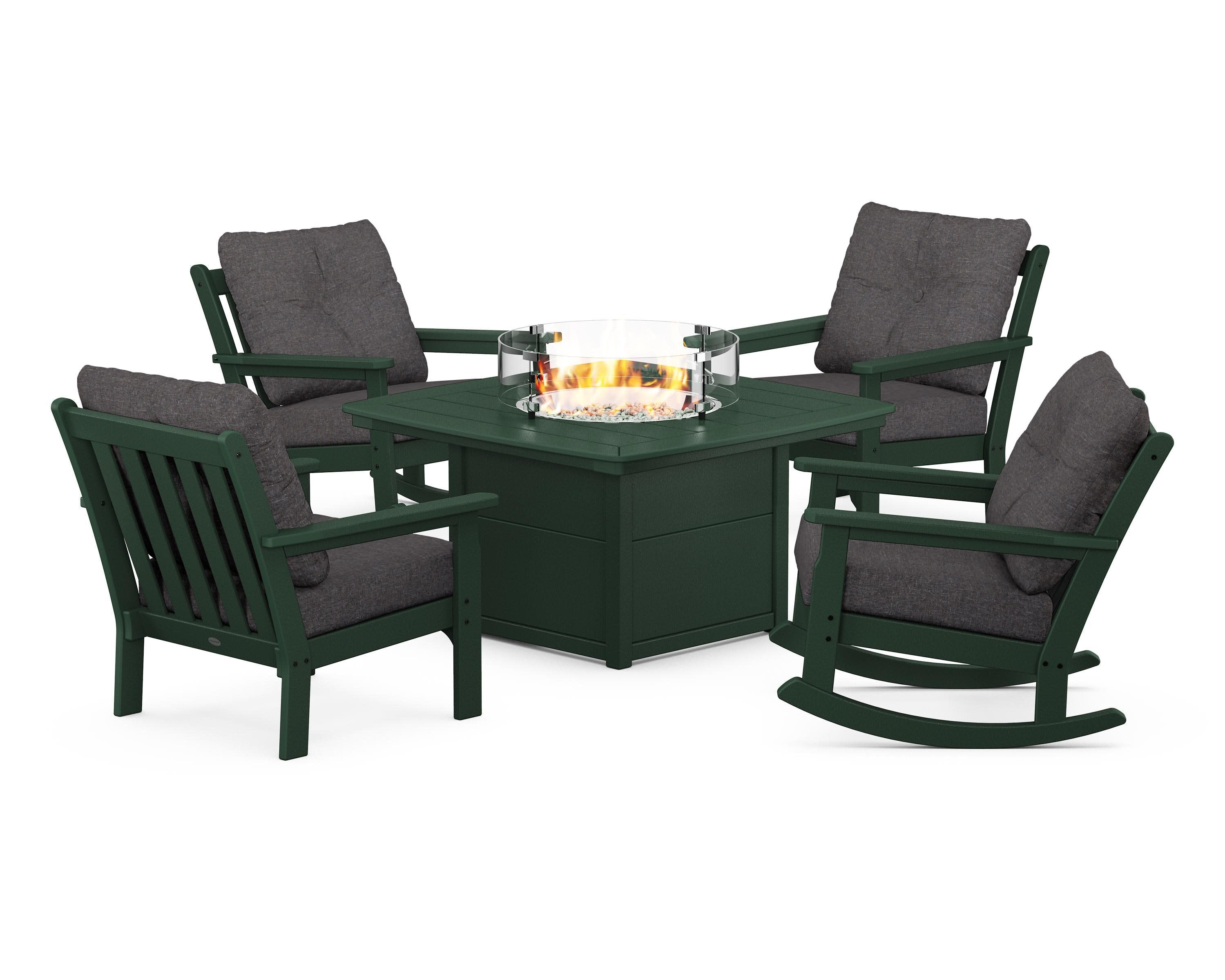 Vineyard 5-Piece Deep Seating Rocking Chair Conversation Set with Fire Pit Table in Green / Ash Charcoal