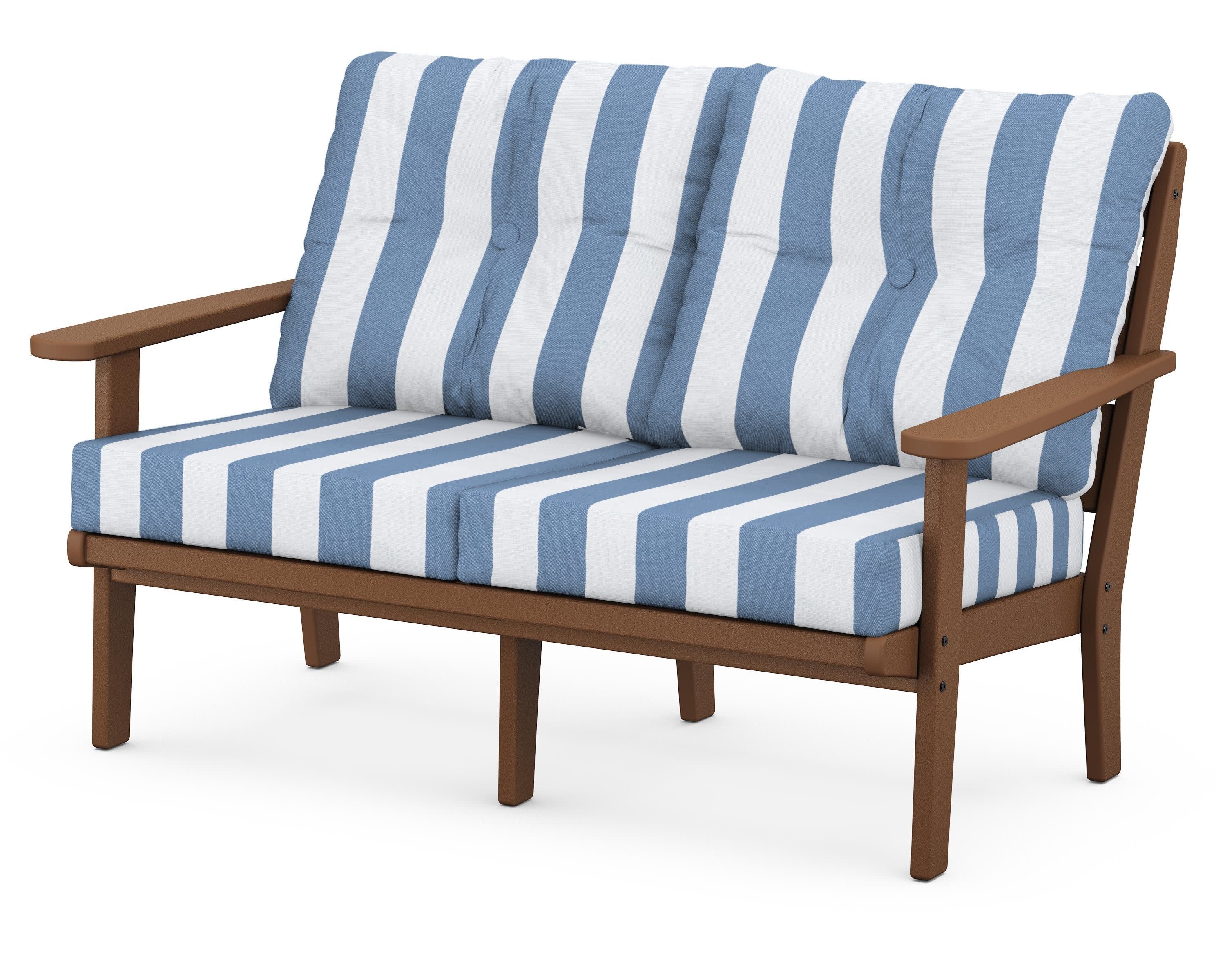 Lakeside Deep Seating Loveseat in Teak / Cabana Stripe Sky Blue