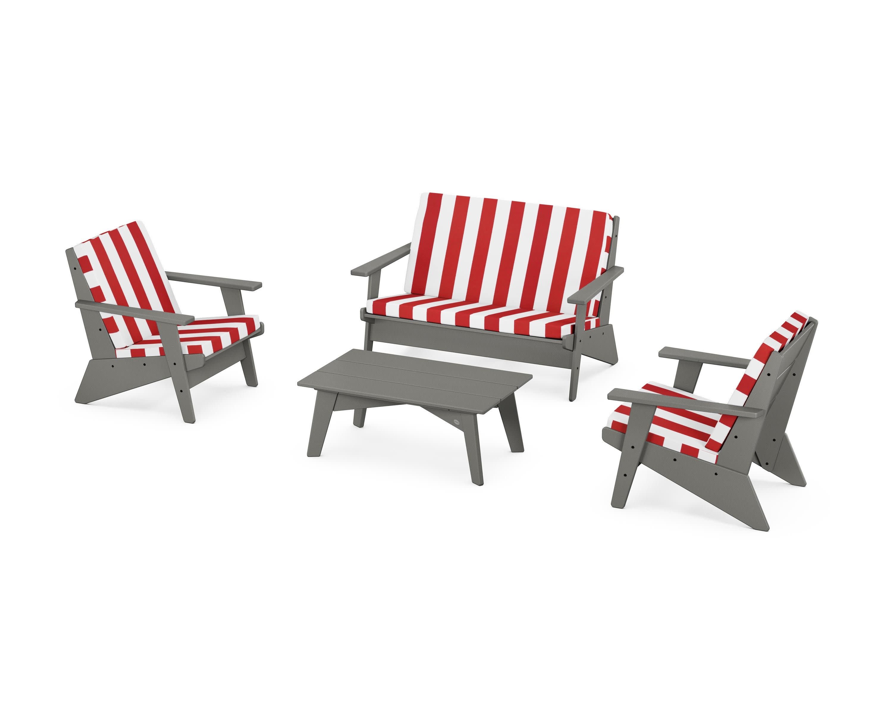 Riviera Modern Lounge 4-Piece Set in Slate Grey / Cabana Stripe Crimson
