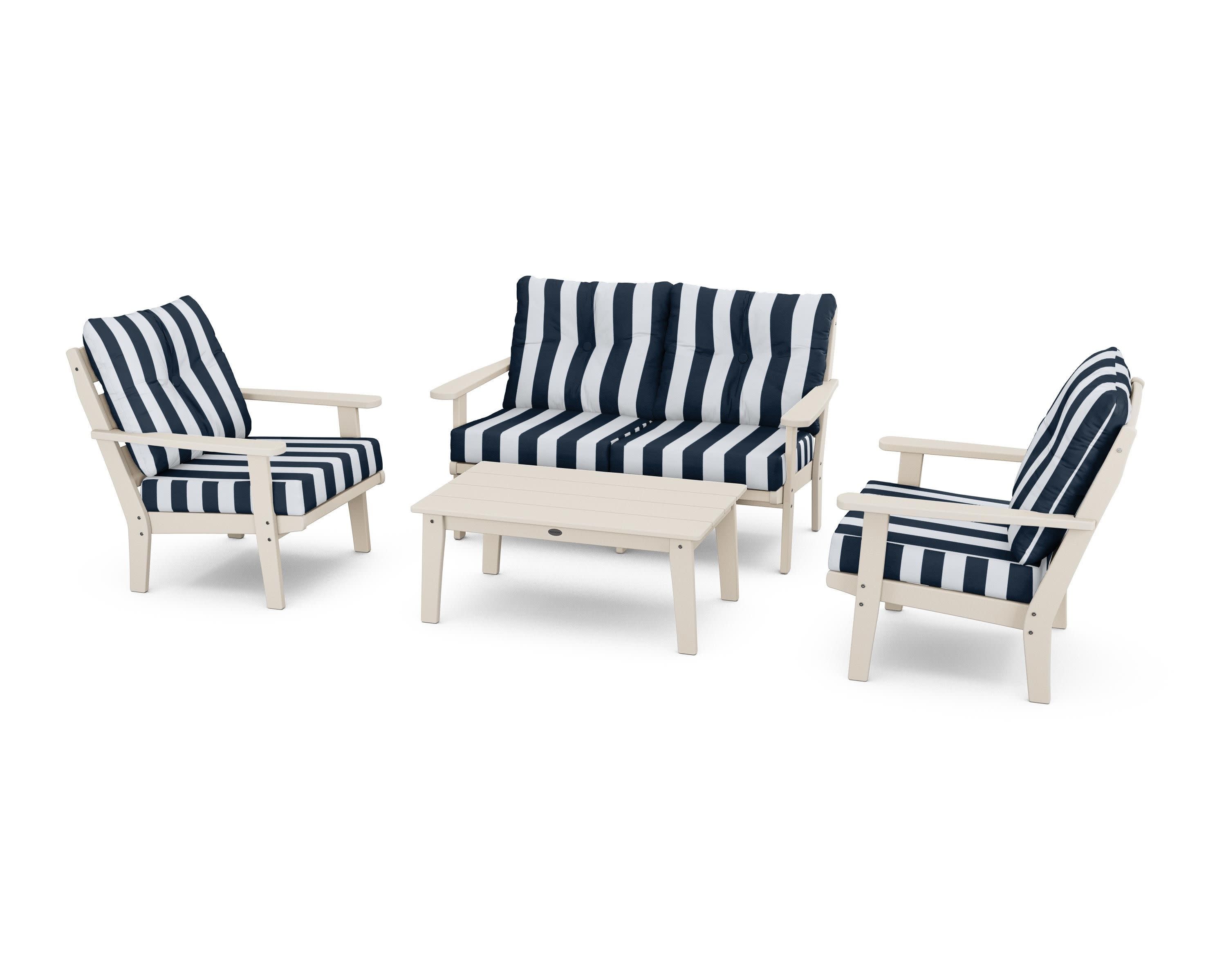Lakeside 4-Piece Deep Seating Set in Sand / Cabana Stripe Marine Indigo
