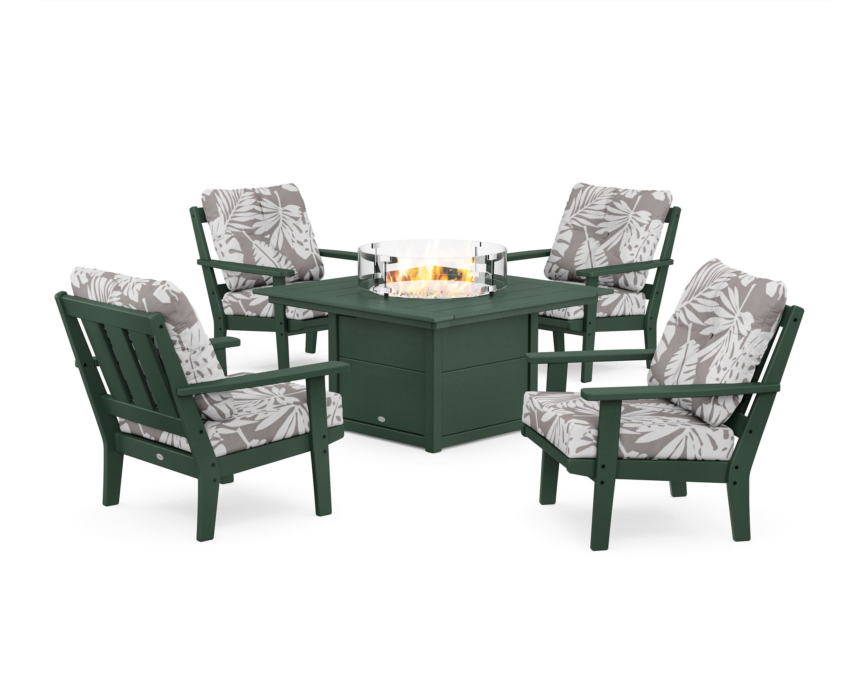 Oxford 5-Piece Deep Seating Set with Fire Pit Table in Green / Leaf Grey Mist