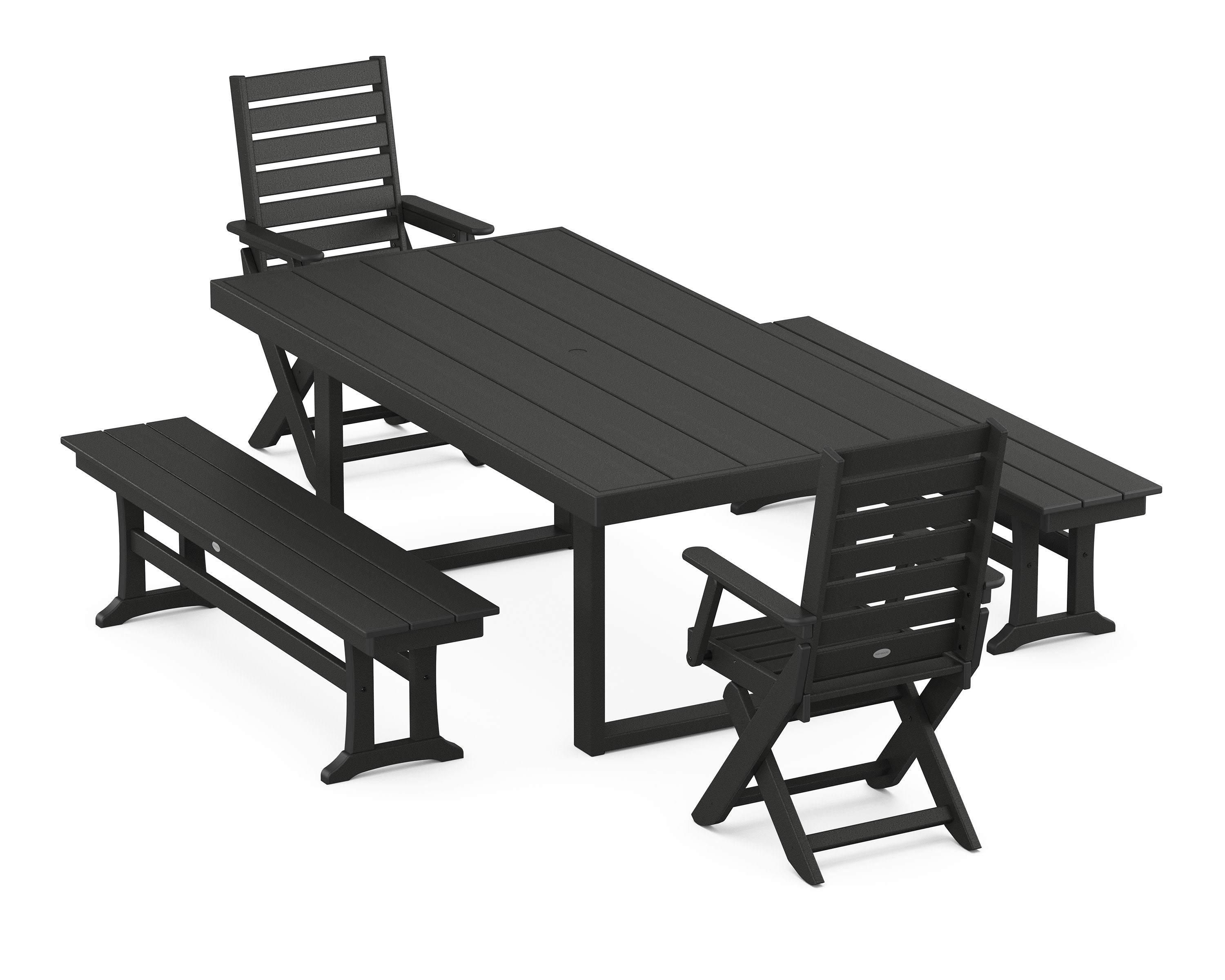Captain Folding Chair 5-Piece Dining Set with Benches in Black