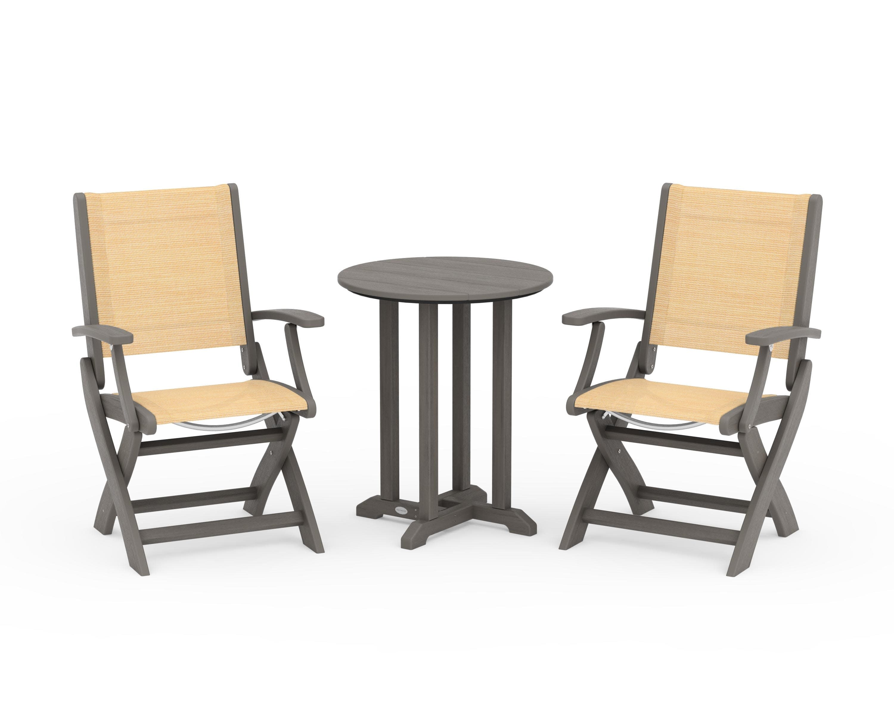Coastal Folding 3-Piece Round Bistro Dining Set in Driftwood / Dupioni Apricot Sling
