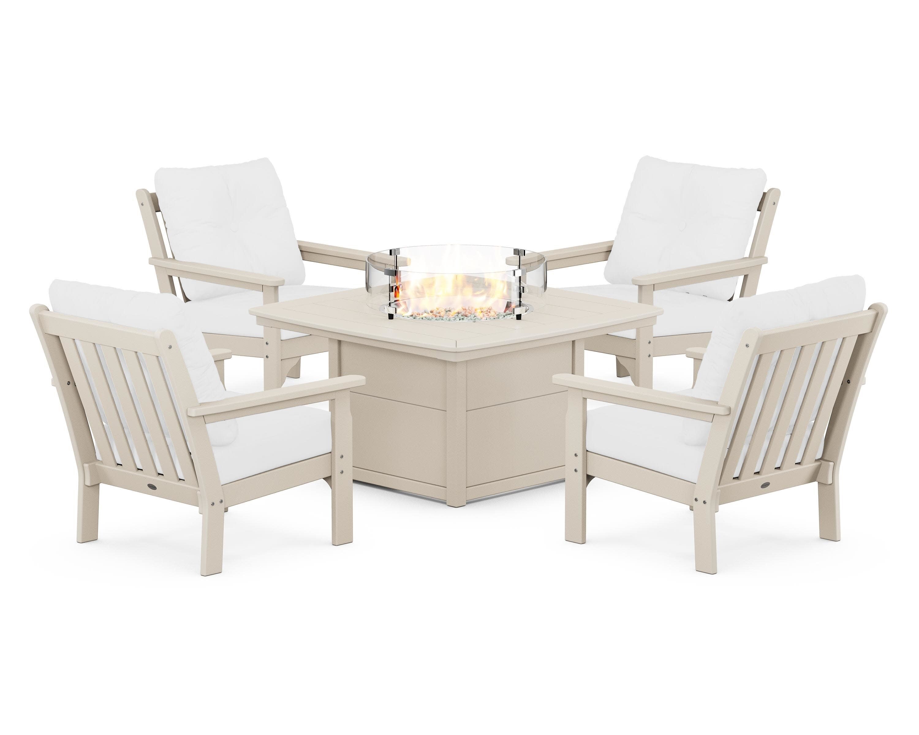 Vineyard 5-Piece Conversation Set with Fire Pit Table in Sand / Natural