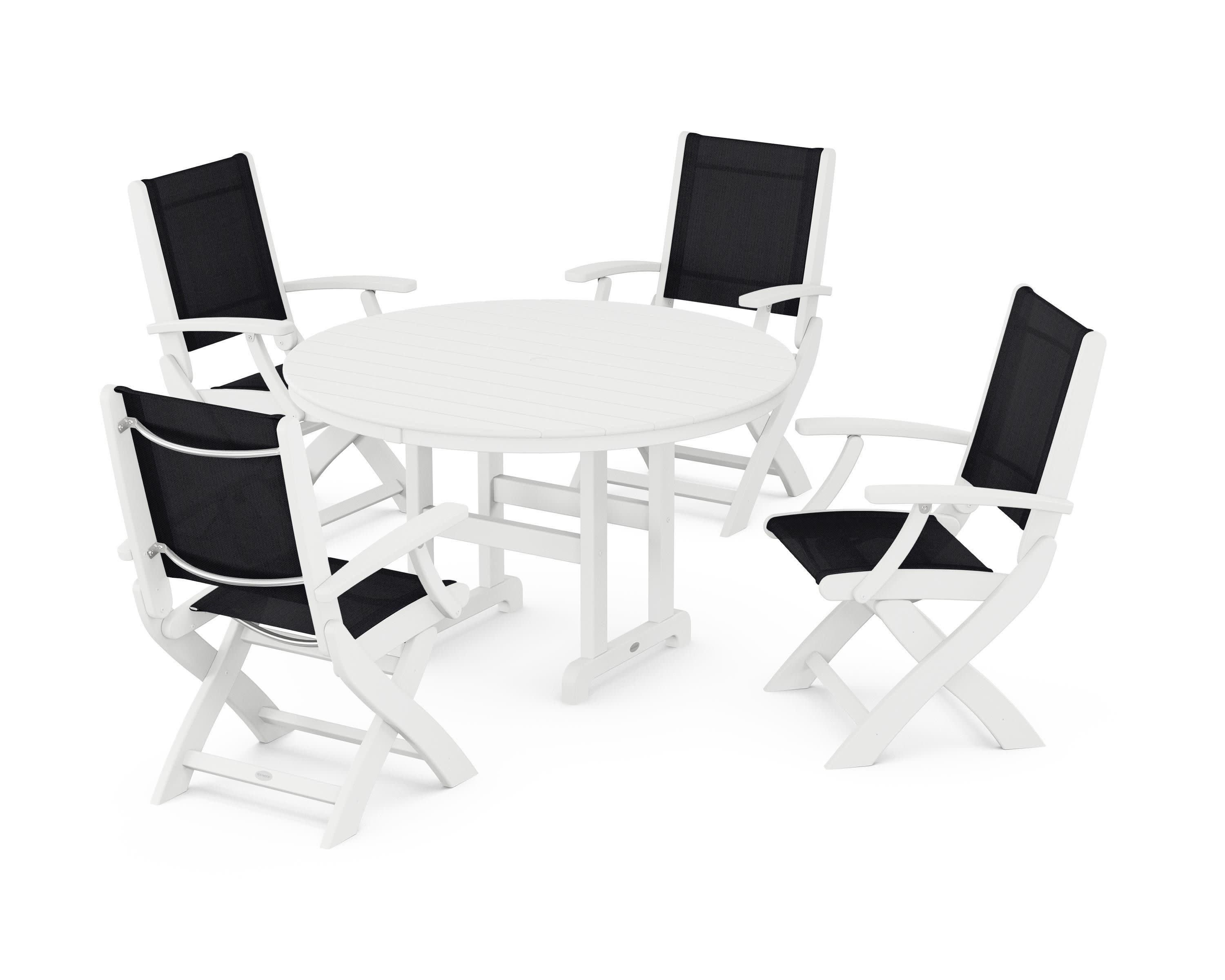 Coastal Folding Chair 5-Piece Round Dining Set in White / Black Sling