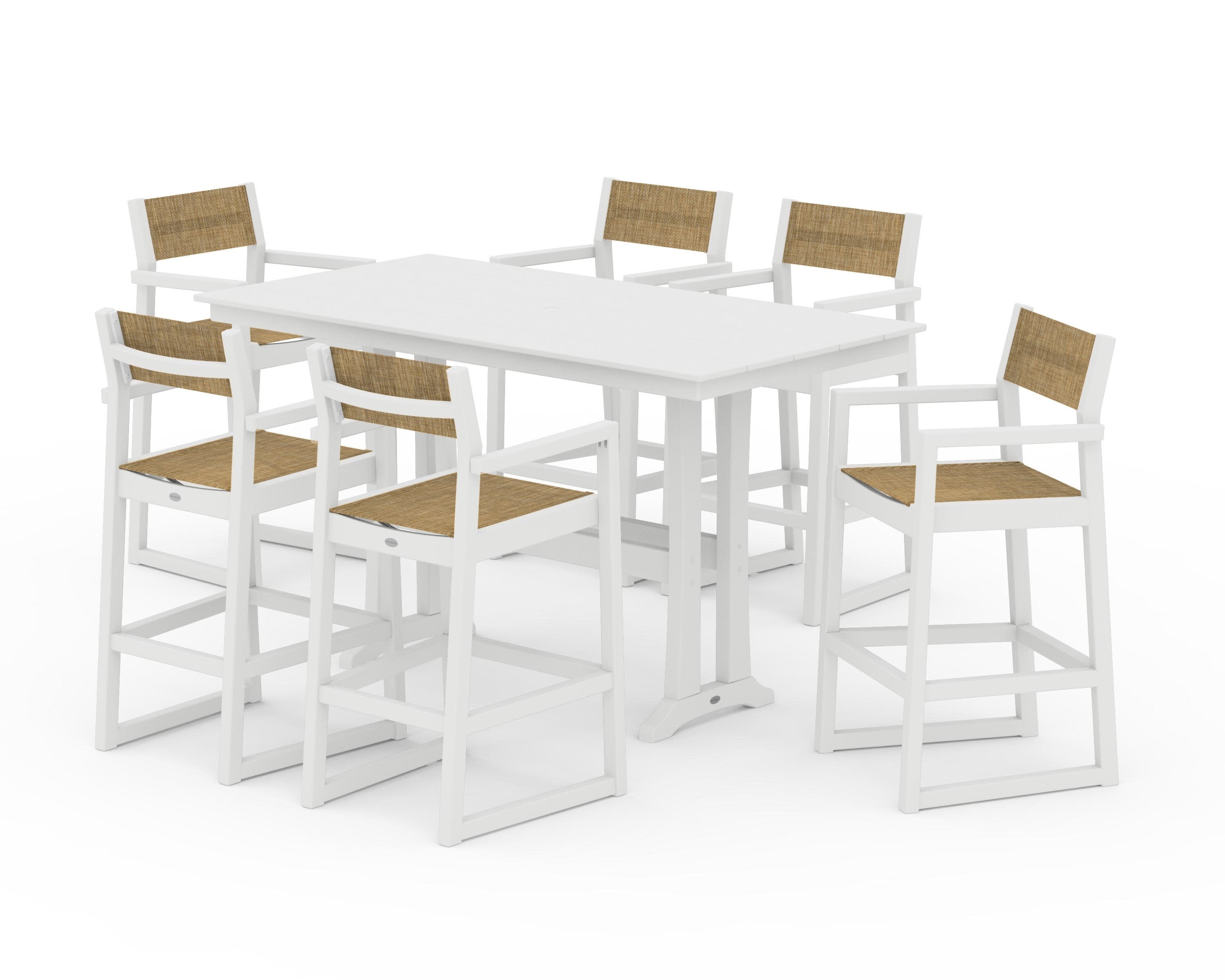 EDGE Sling Arm Chair 7-Piece Farmhouse Bar Set with Trestle Legs in White / Burlap Sling