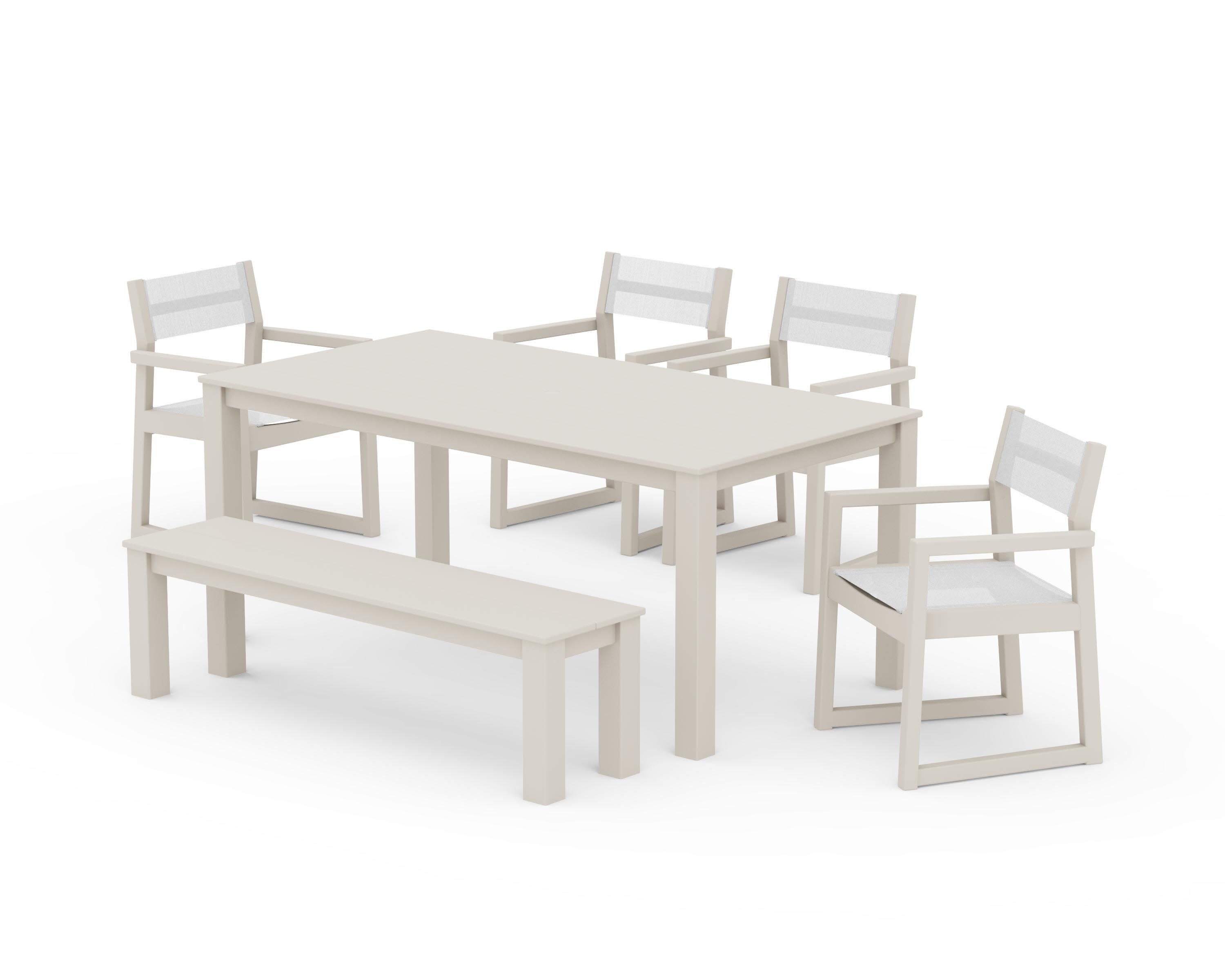 EDGE Sling Arm Chair 6-Piece Parsons Dining Set with Bench in Sand / White Sling