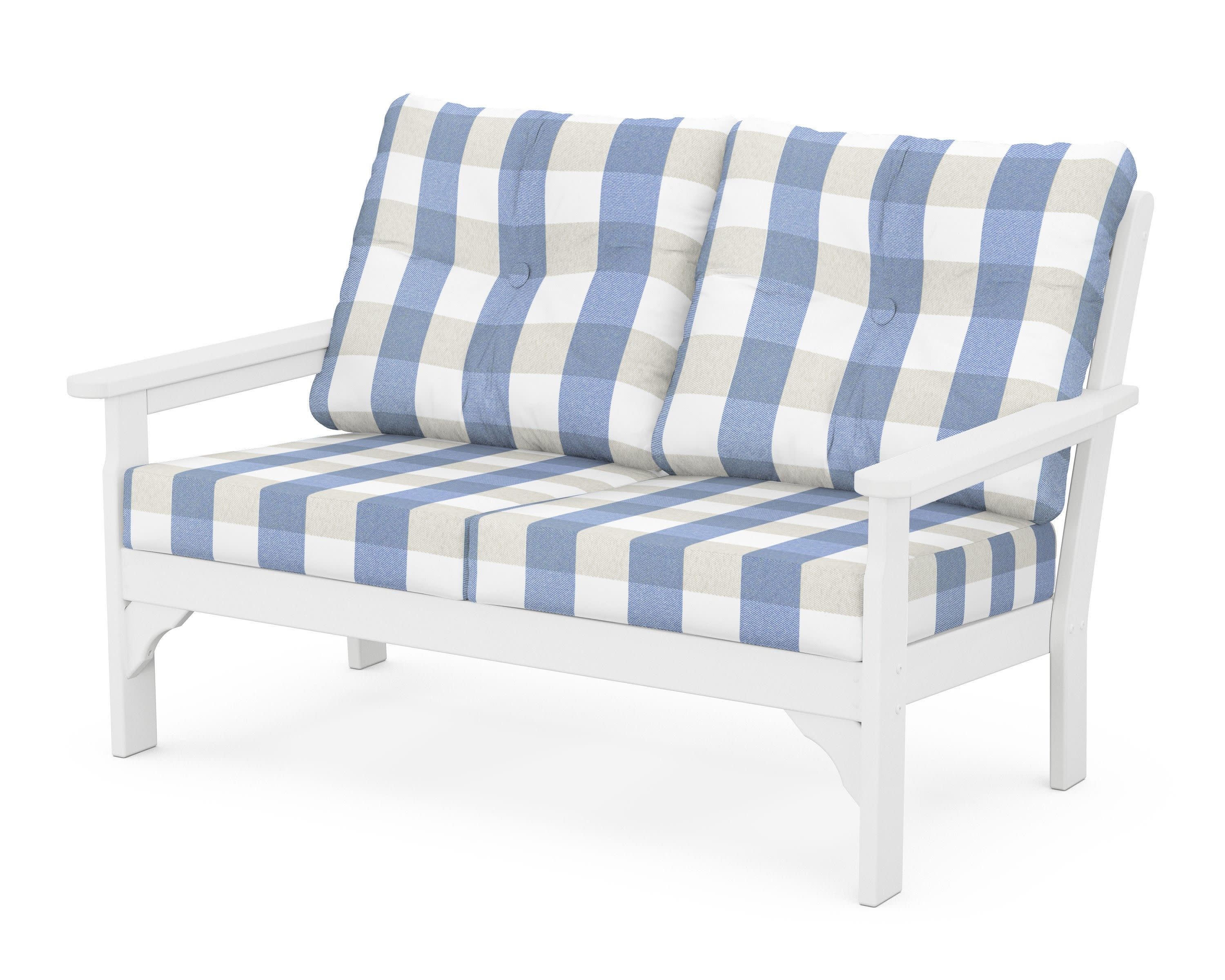 Vineyard Deep Seating Loveseat in White / Buffalo Plaid Sky Blue