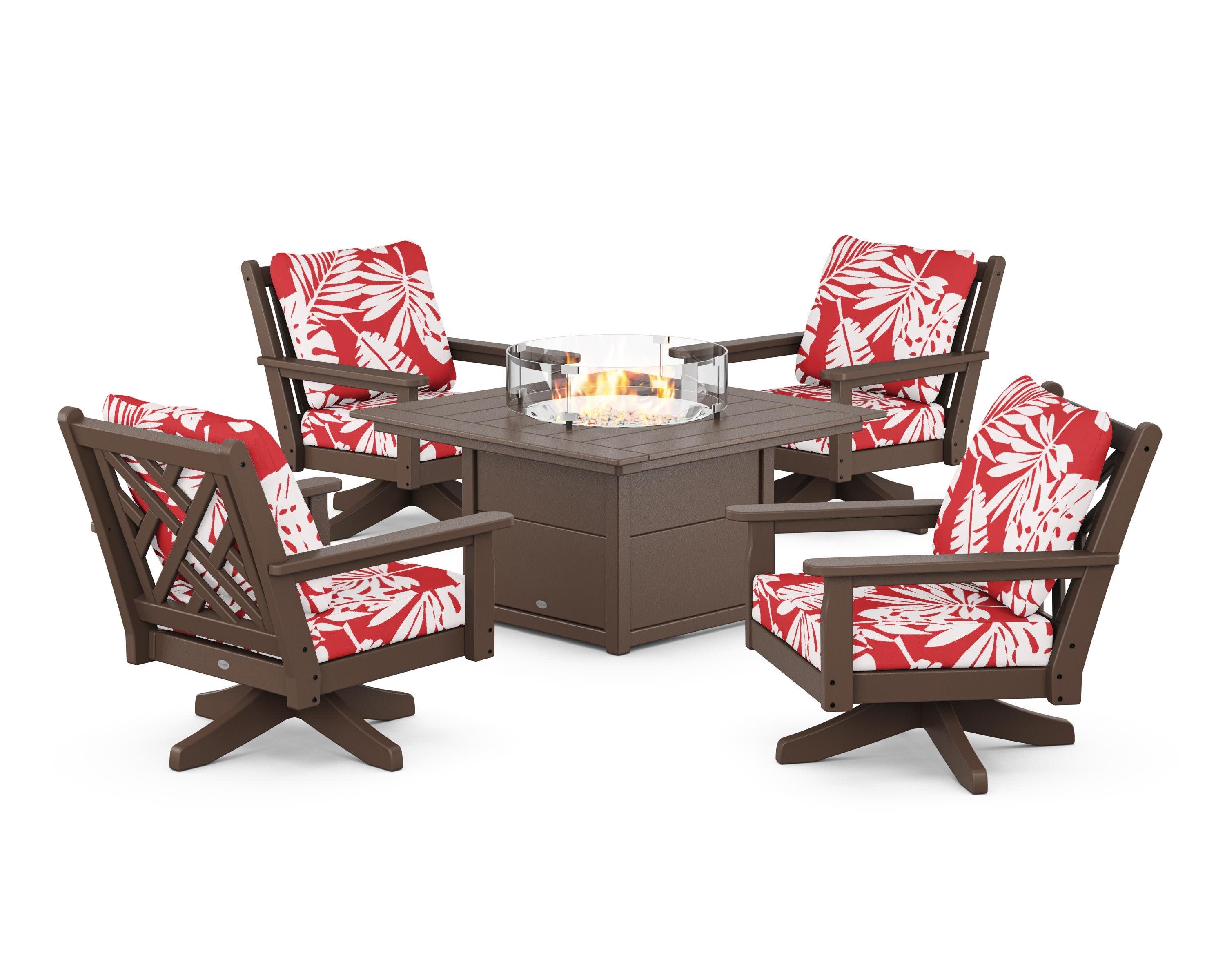 Chippendale 5-Piece Deep Seating Swivel Conversation Set with Fire Pit Table in Mahogany / Leaf Crimson