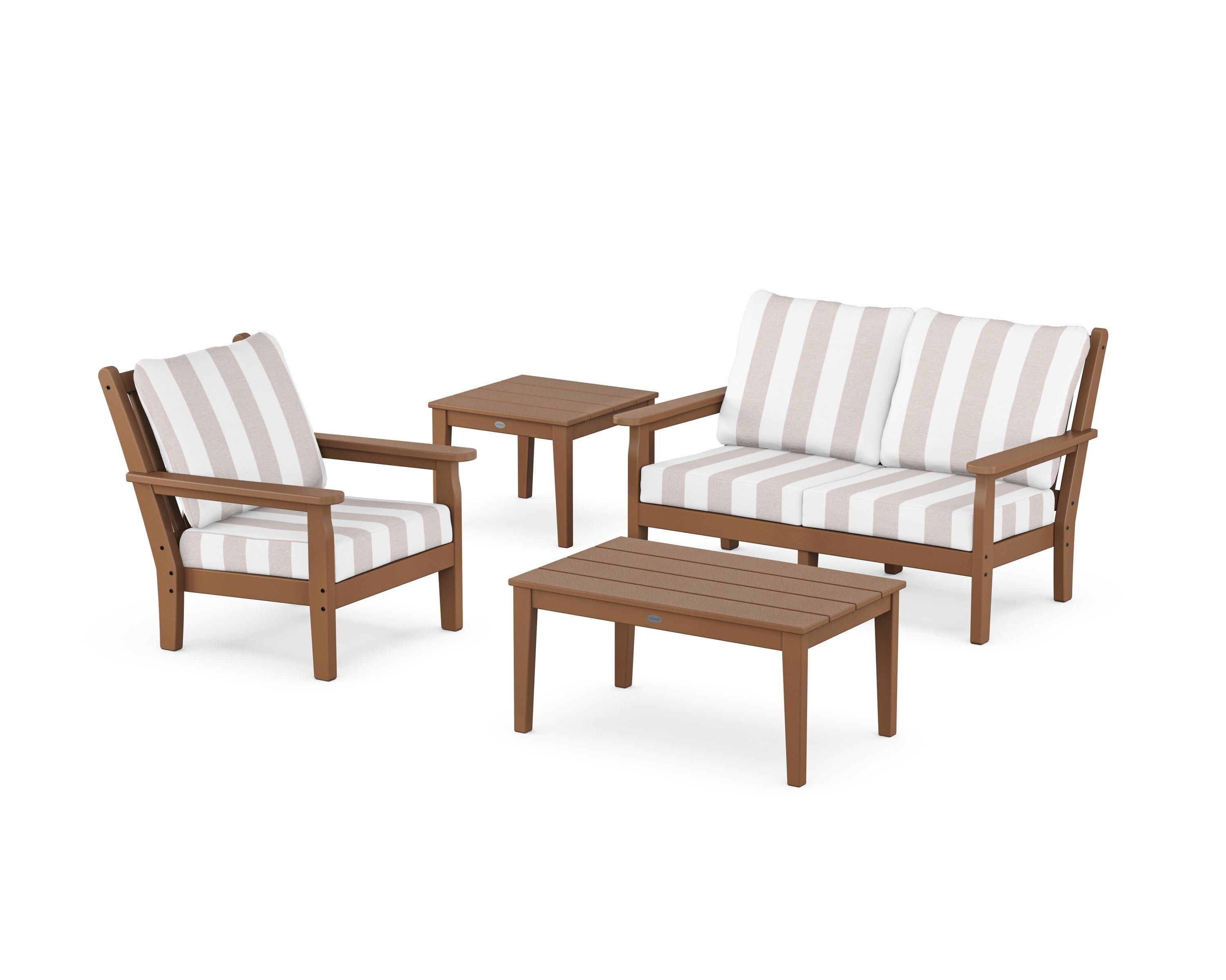 Chippendale 4-Piece Deep Seating Set in Teak / Cabana Stripe Dune Burlap