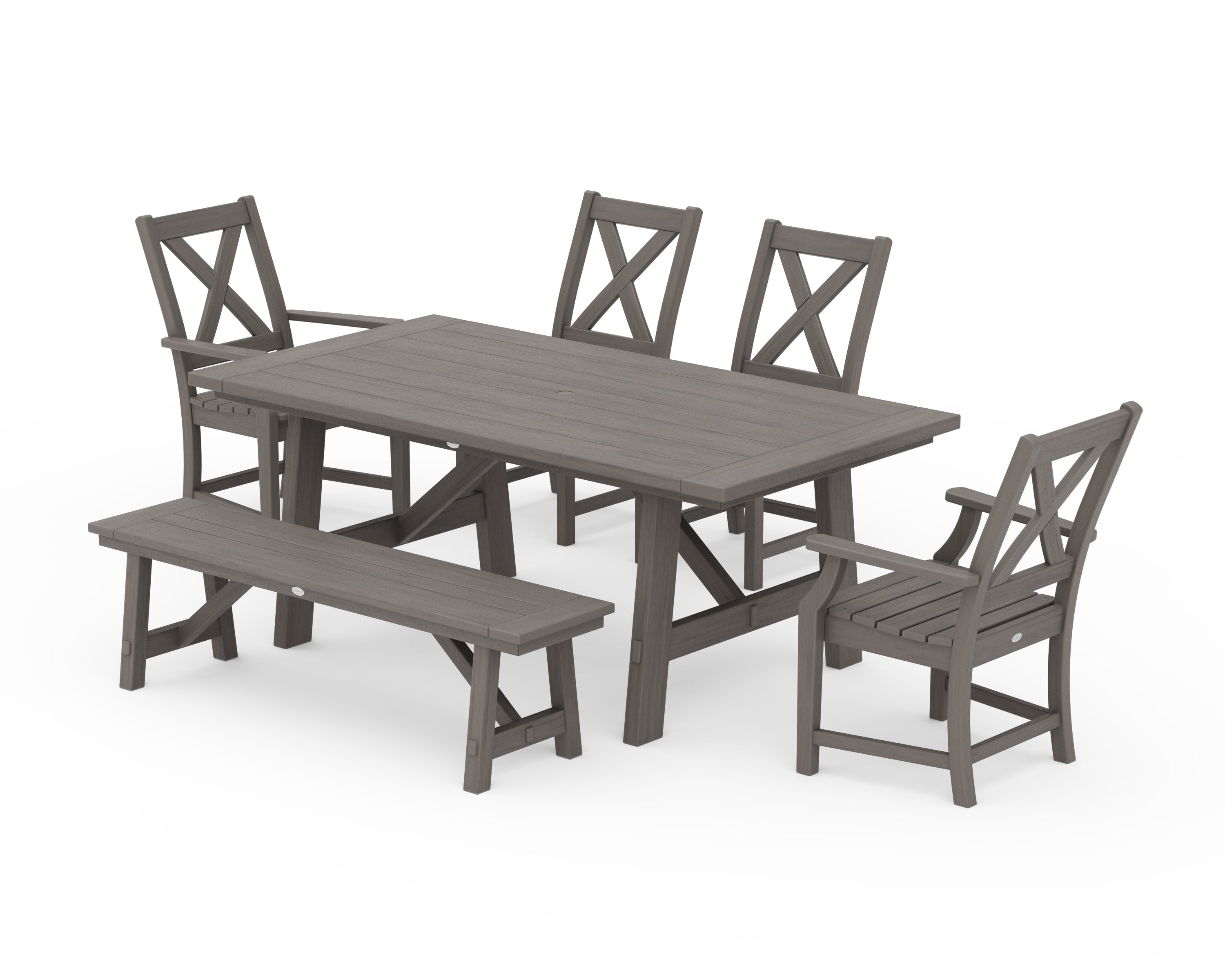 Braxton 6-Piece Rustic Farmhouse Arm Chair Dining Set with Bench in Driftwood