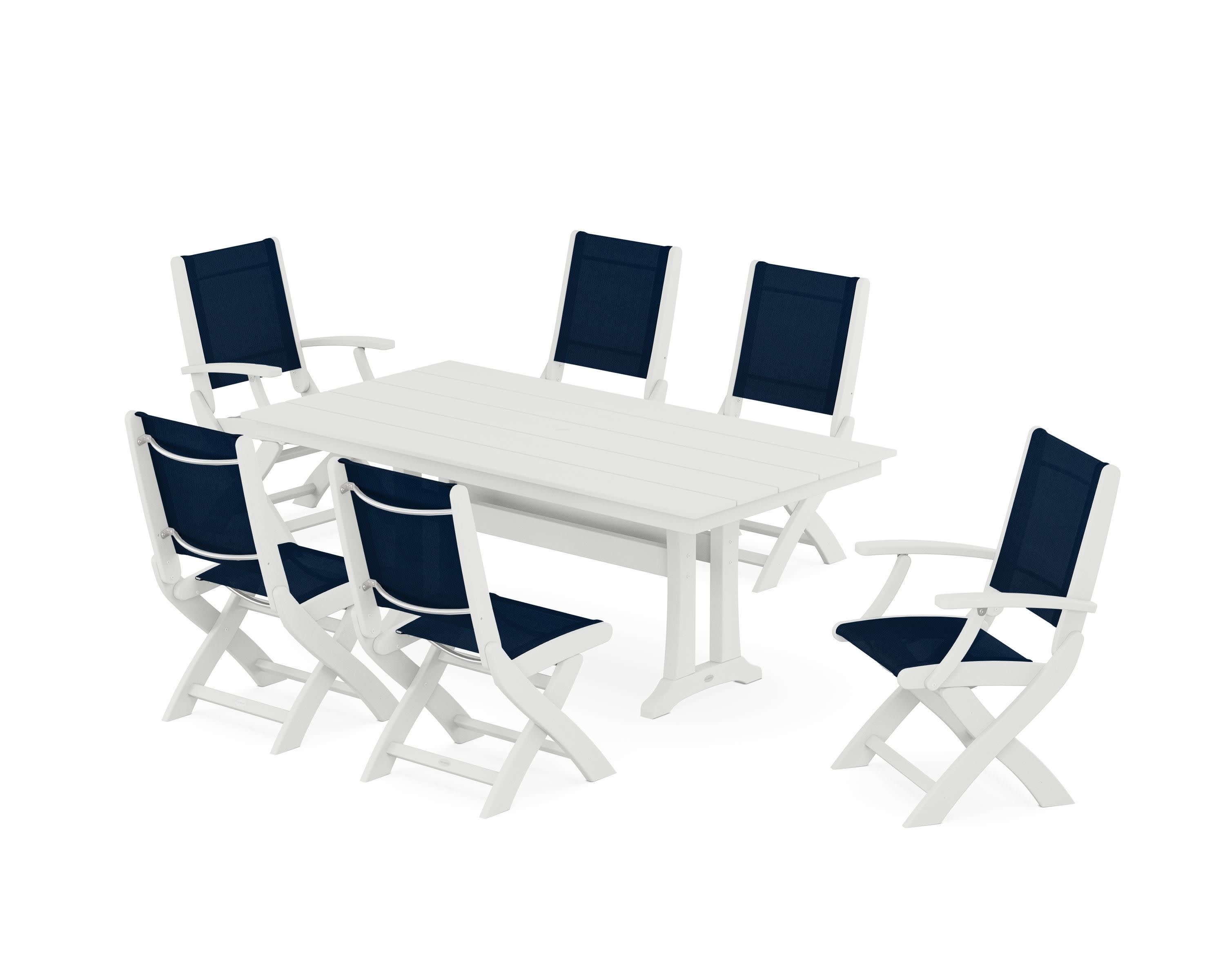 Coastal Folding Chair 7-Piece Farmhouse Dining Set with Trestle Legs in Vintage White / Navy Blue Sling