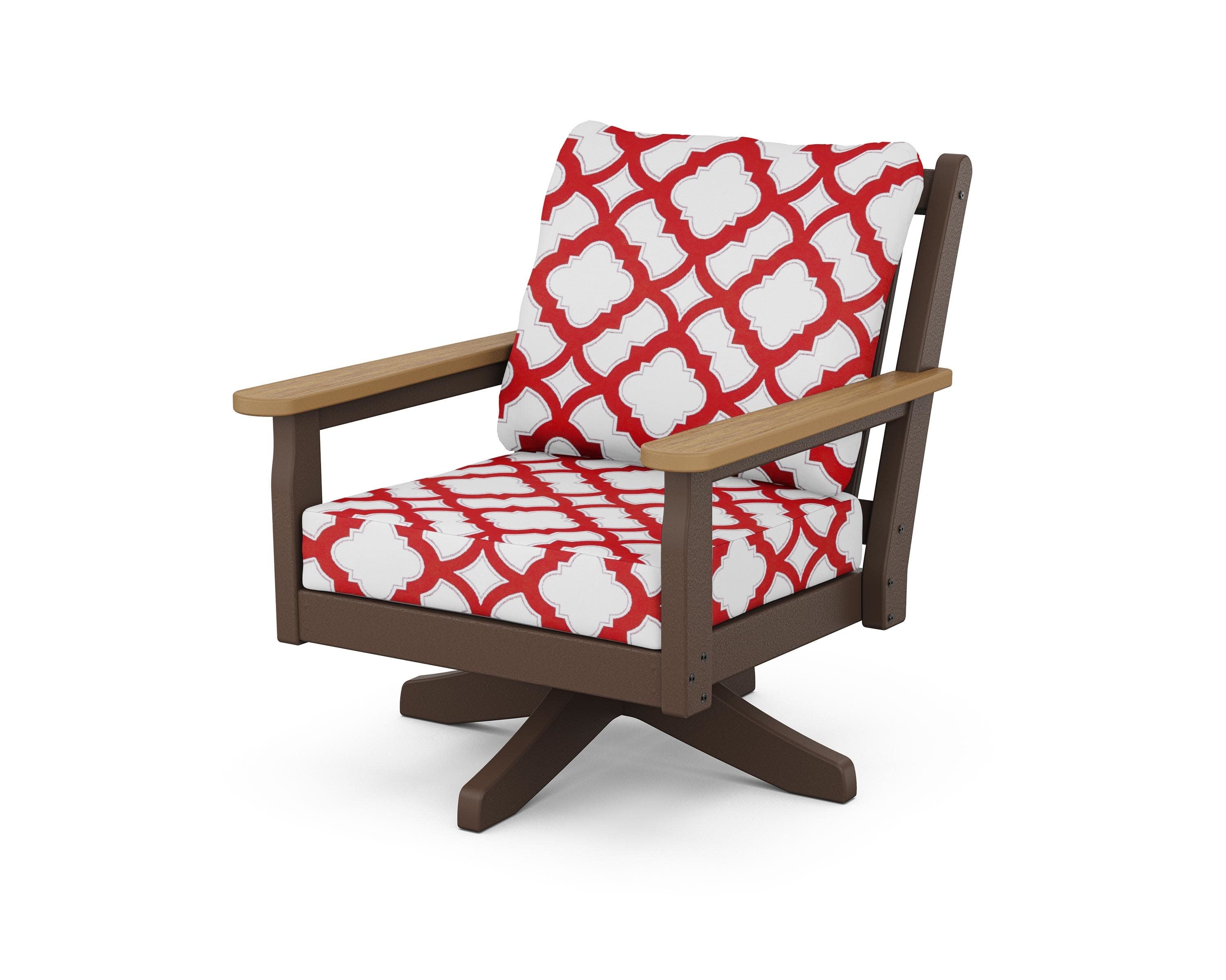 Chippendale Deep Seating Swivel Chair in Mahogany / Natural / Trellis Crimson