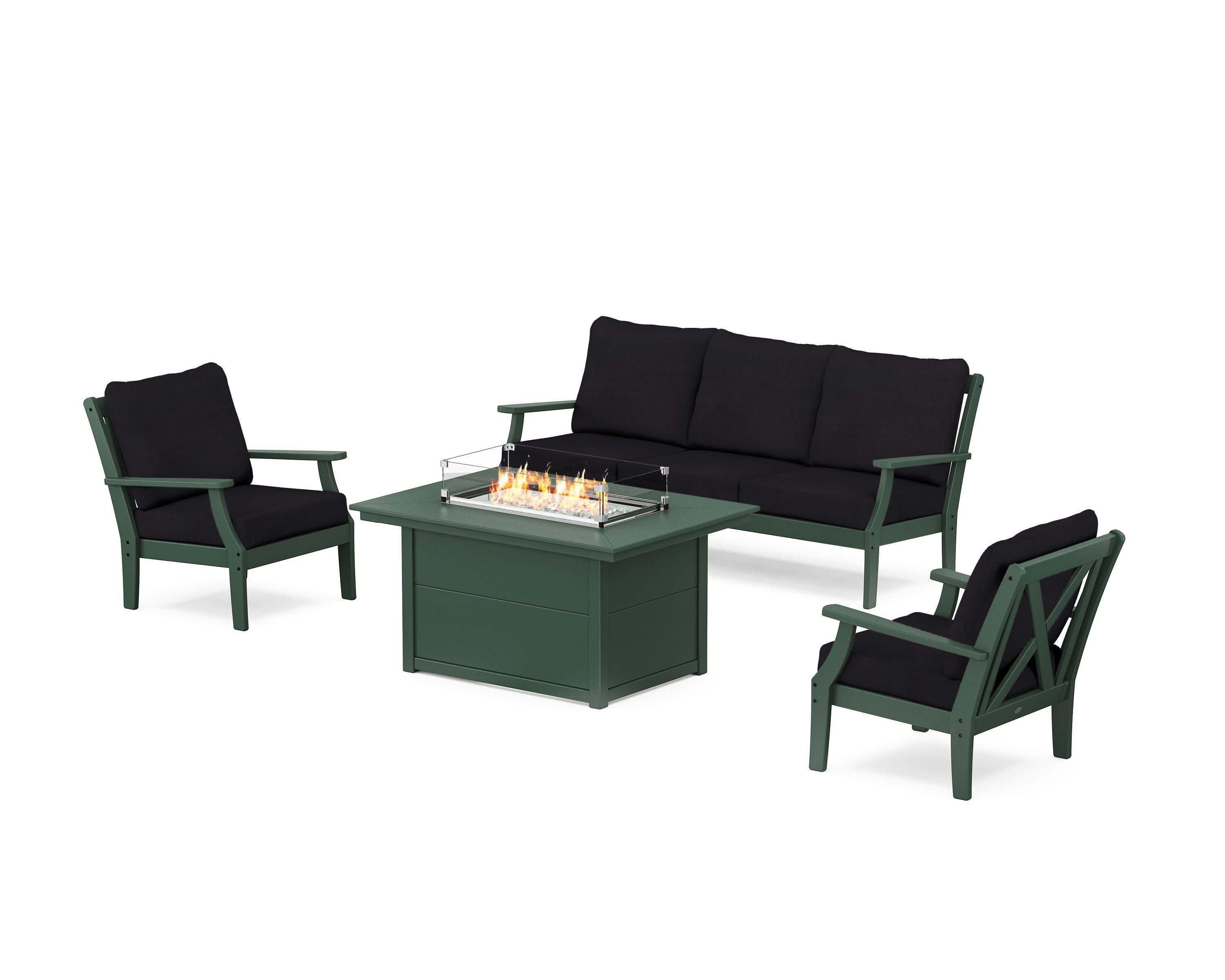Braxton Deep Seating Fire Pit Table Set in Green / Midnight Linen