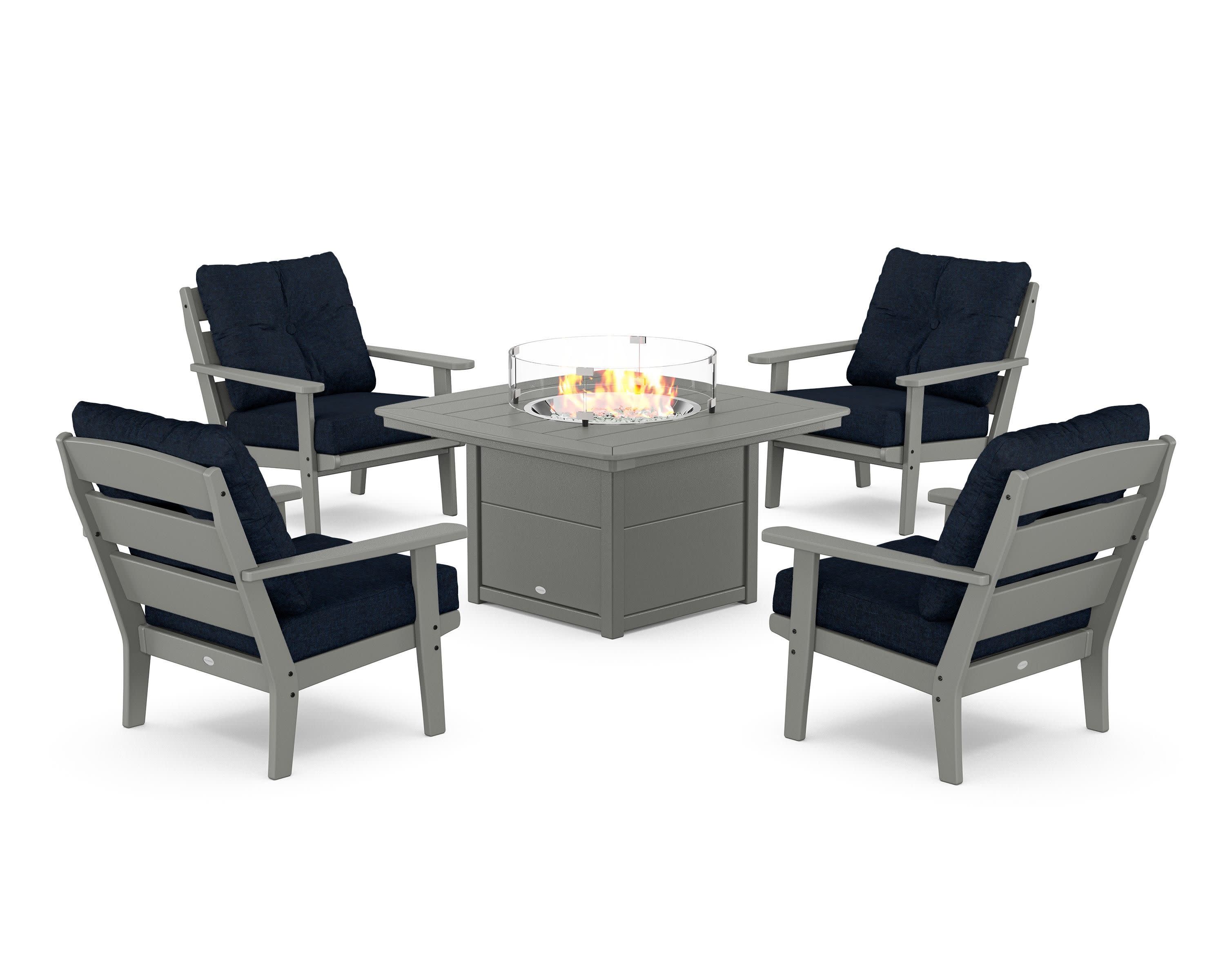 Lakeside 5-Piece Deep Seating Set with Nautical Fire Pit Table in Slate Grey / Marine Indigo