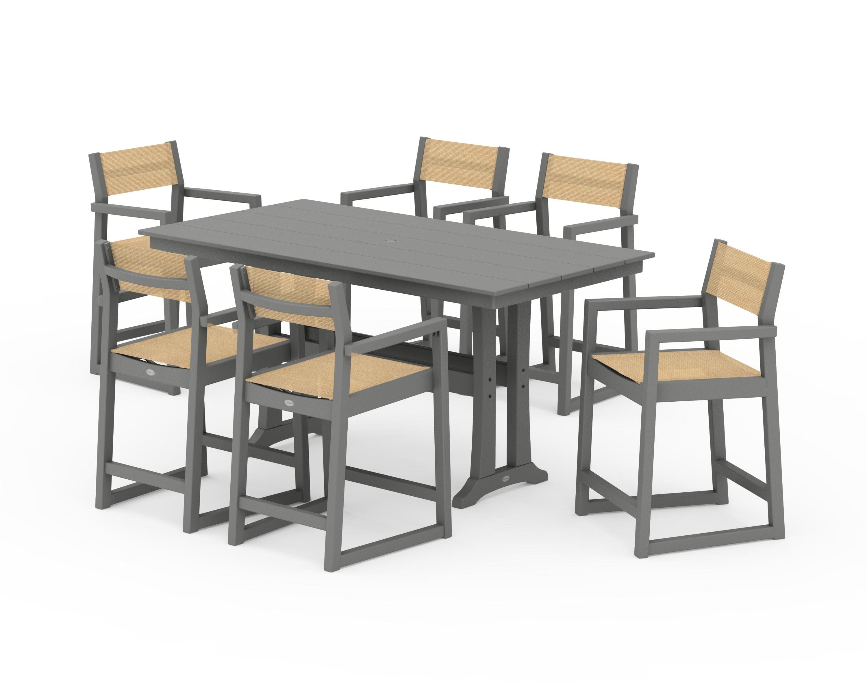 EDGE Sling Arm Chair 7-Piece Farmhouse Counter Set with Trestle Legs in Slate Grey / Dupioni Apricot Sling