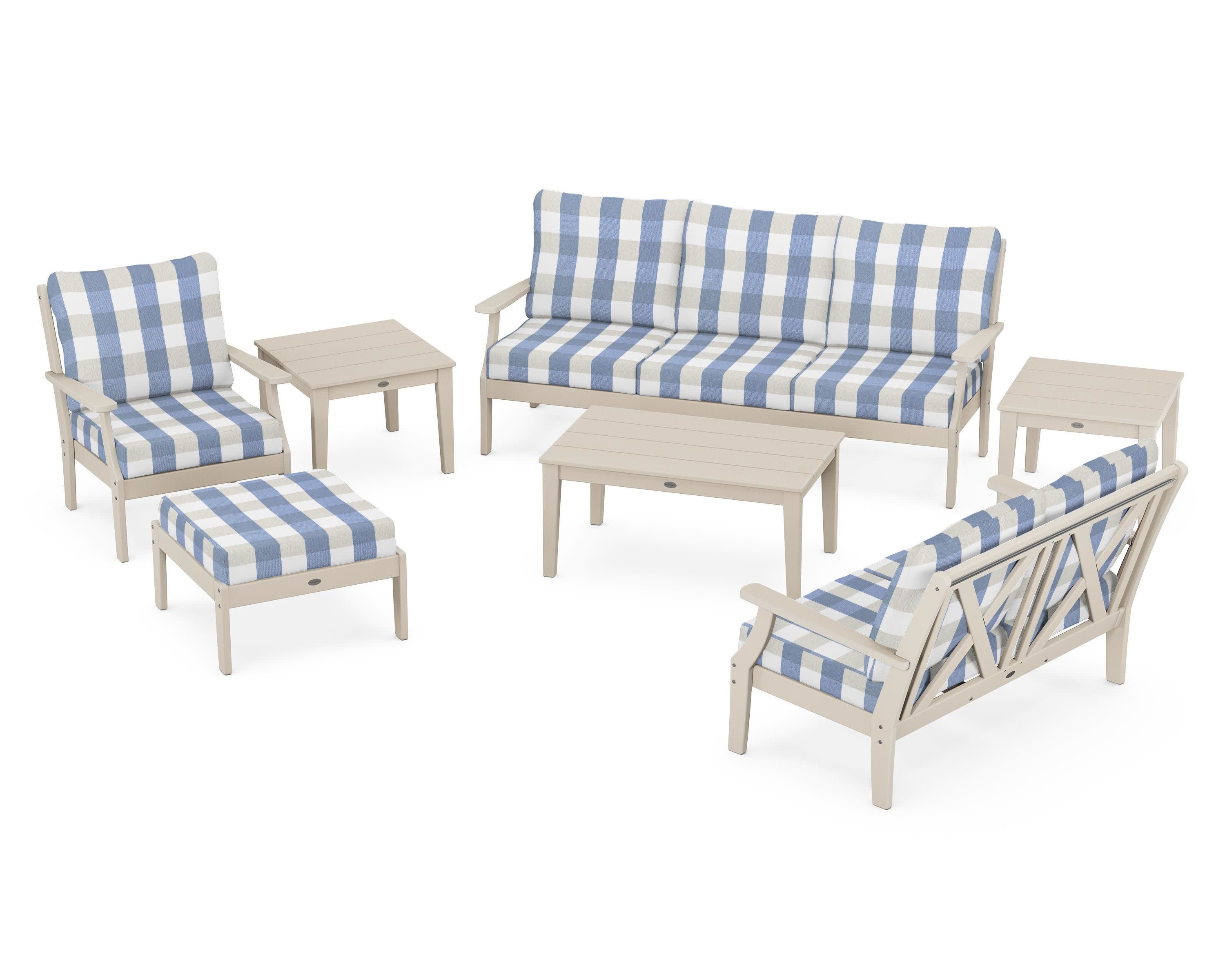 Braxton 7-Piece Deep Seating Set in Sand / Buffalo Plaid Sky Blue