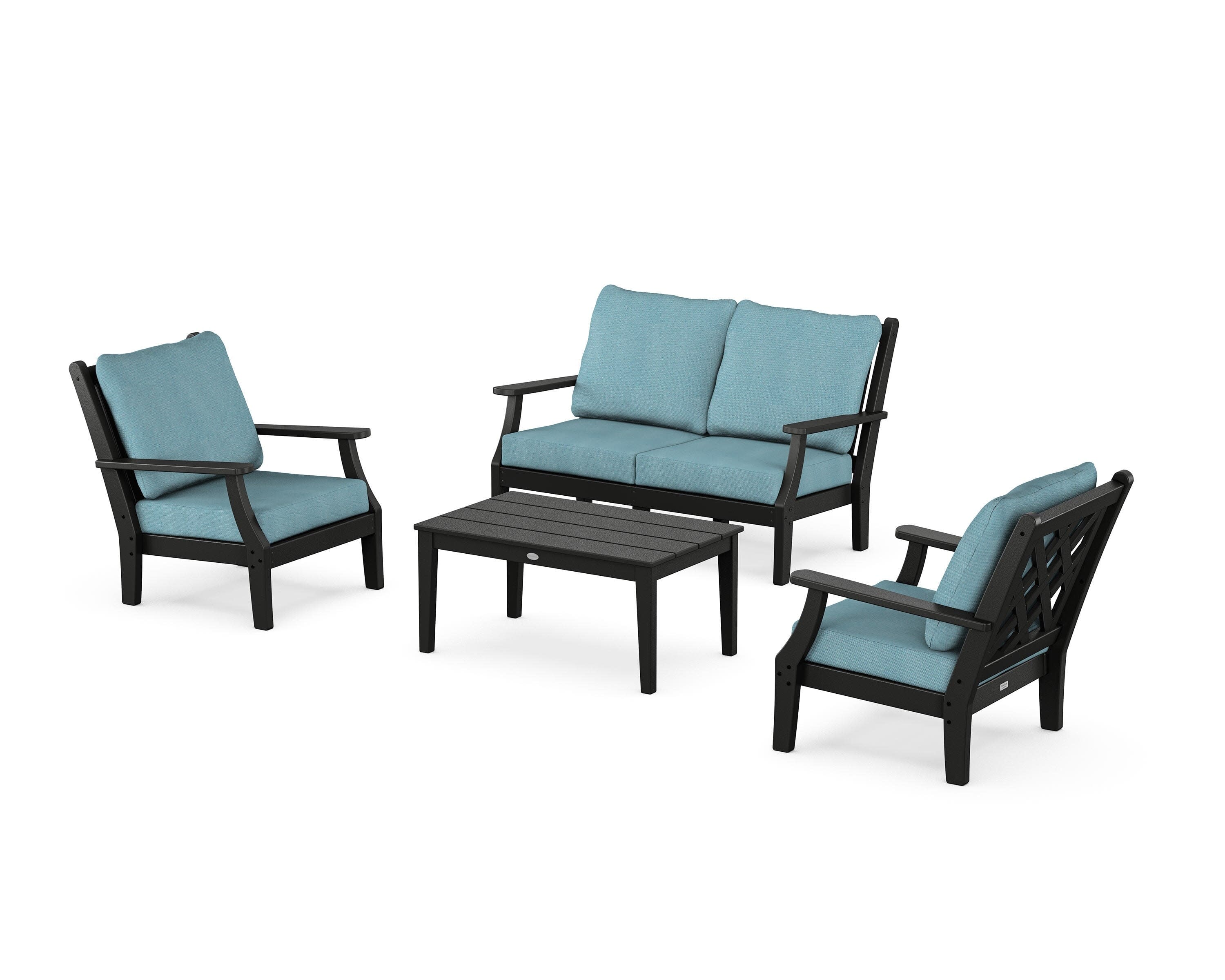 Wovendale 4-Piece Deep Seating Set with Loveseat in Black / Lattice Sky Blue