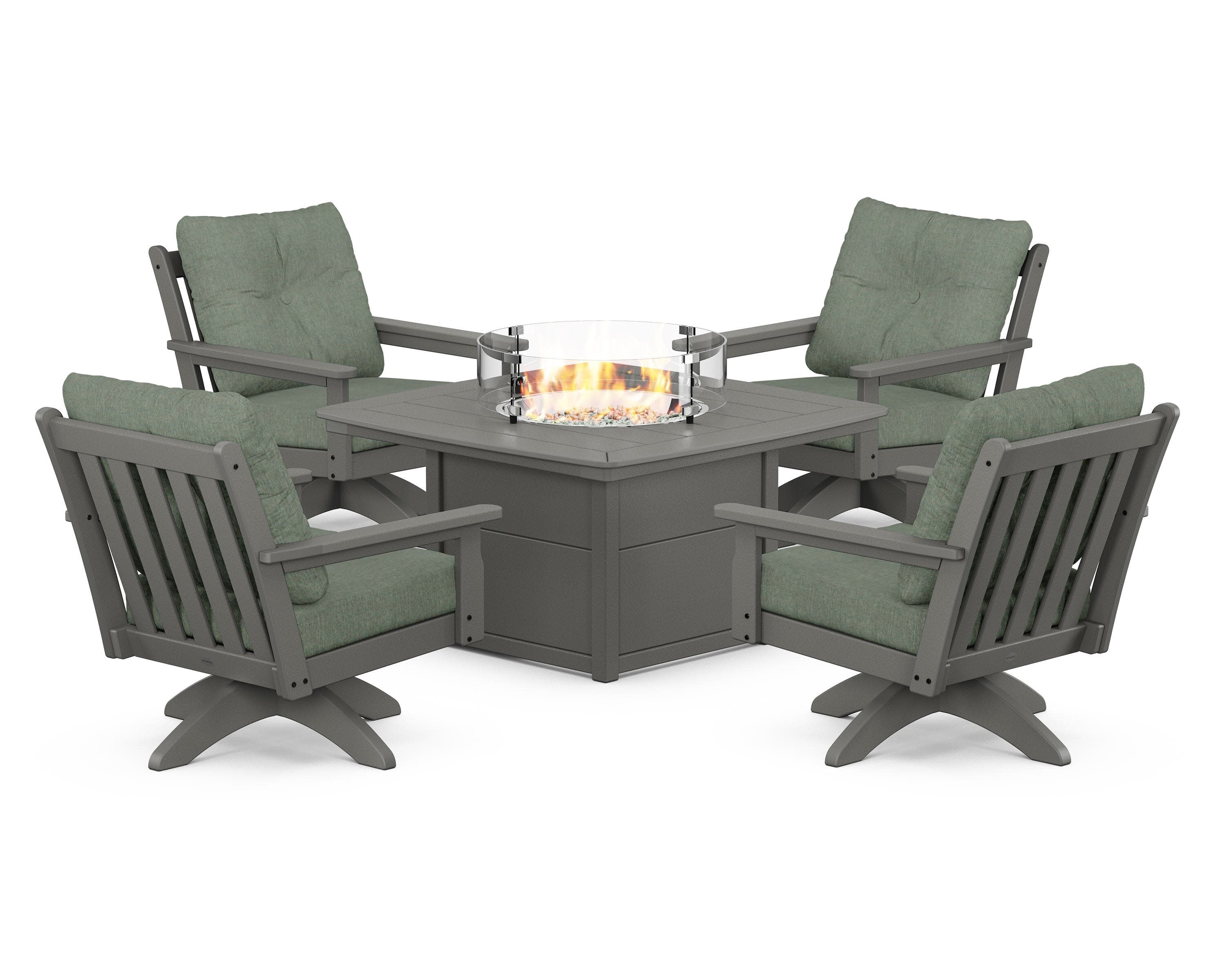Vineyard 5-Piece Deep Seating Swivel Conversation Set with Fire Pit Table in Slate Grey / Cast Sage
