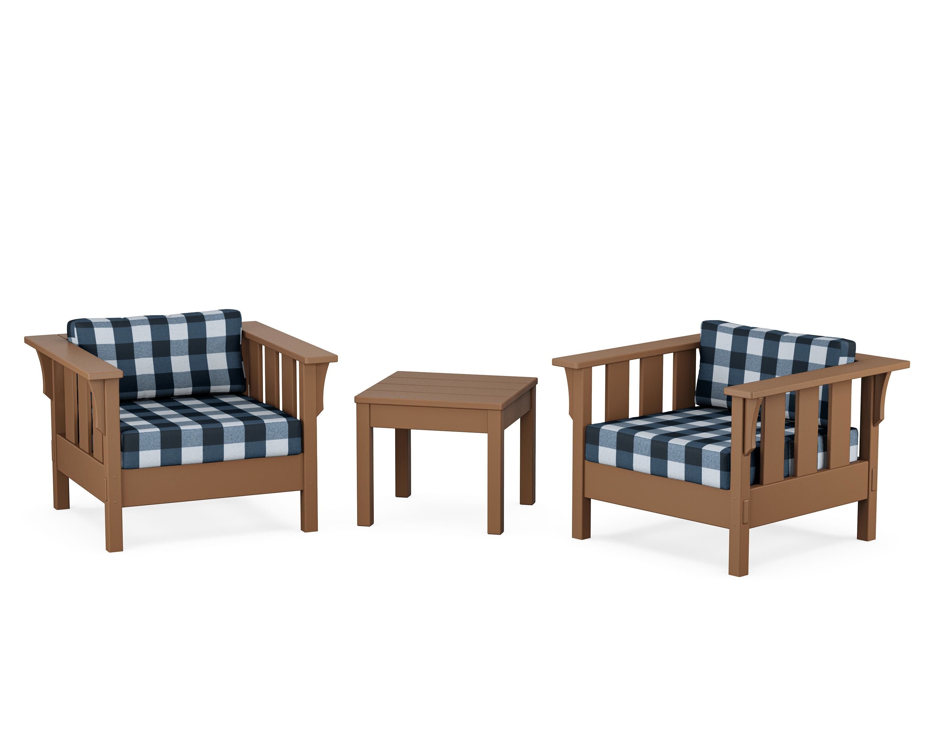 Acadia 3-Piece Deep Seating Set in Teak / Buffalo Plaid Marine Indigo