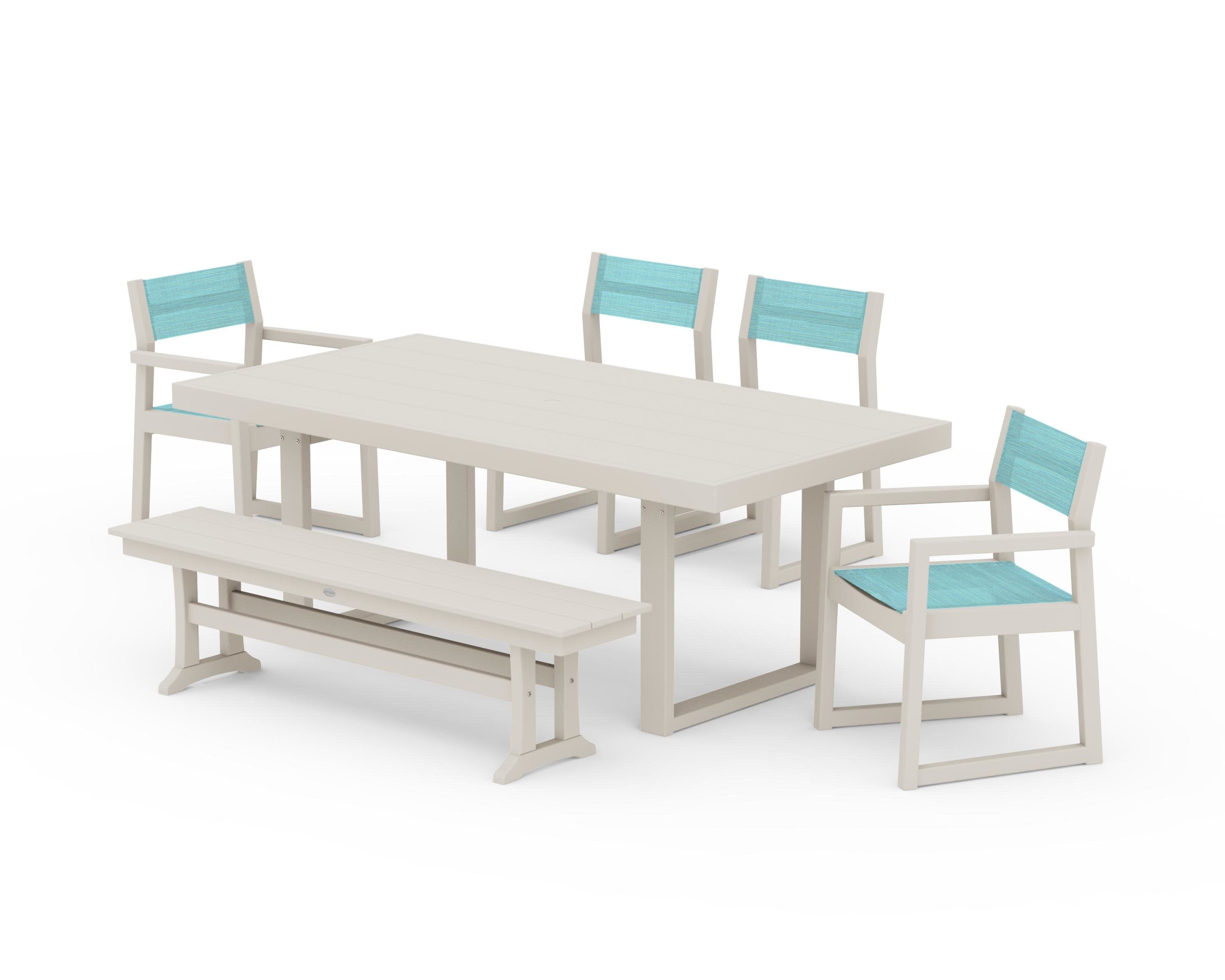 EDGE Sling 6-Piece Dining Set with Bench in Sand / Dupioni Aquamarine Sling