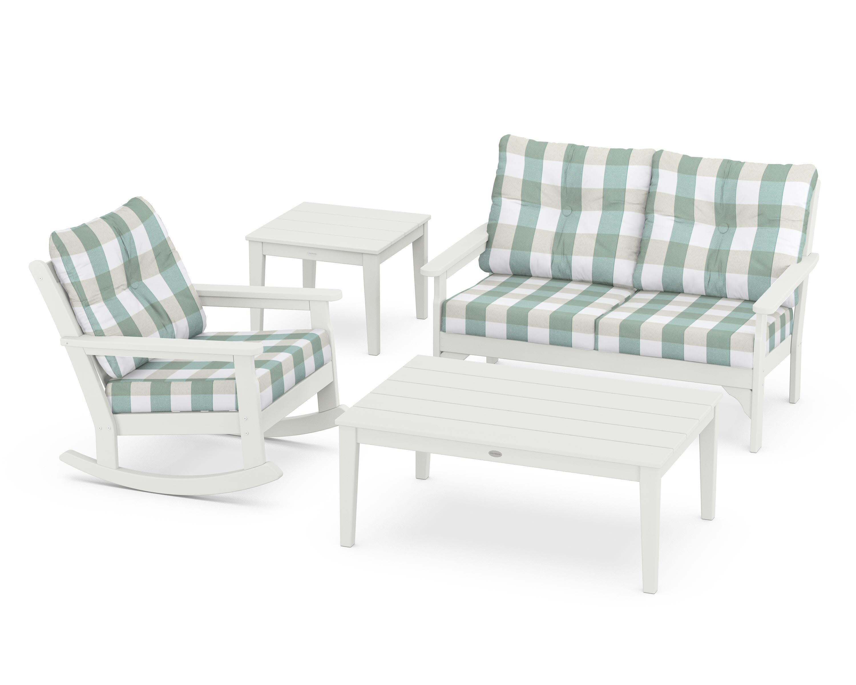 Vineyard 4-Piece Deep Seating Rocker Set in Vintage White / Buffalo Plaid Glacier Spa