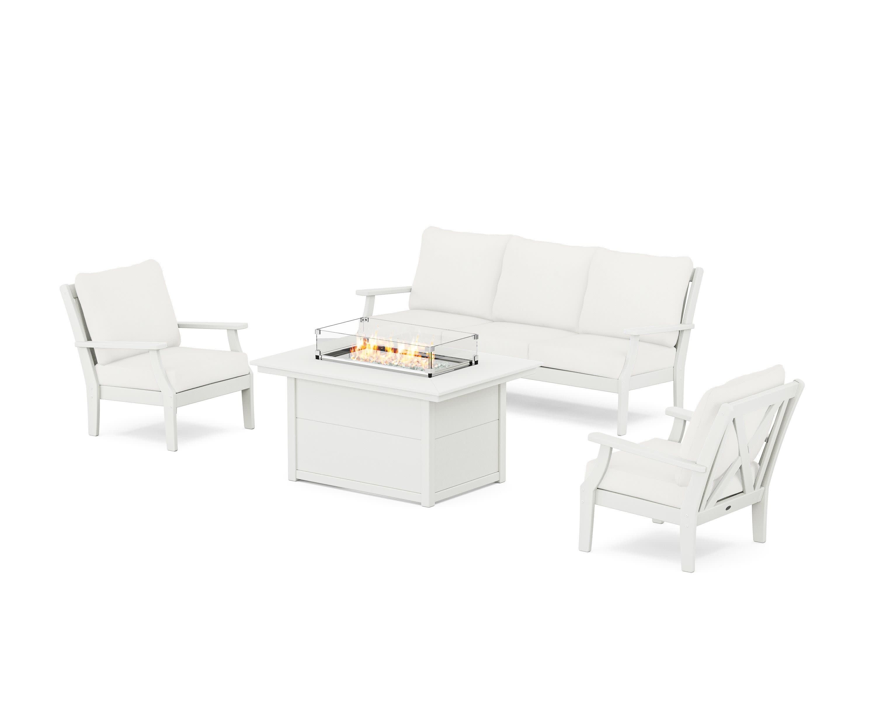 Braxton Deep Seating Fire Pit Table Set in Vintage White / Natural Linen