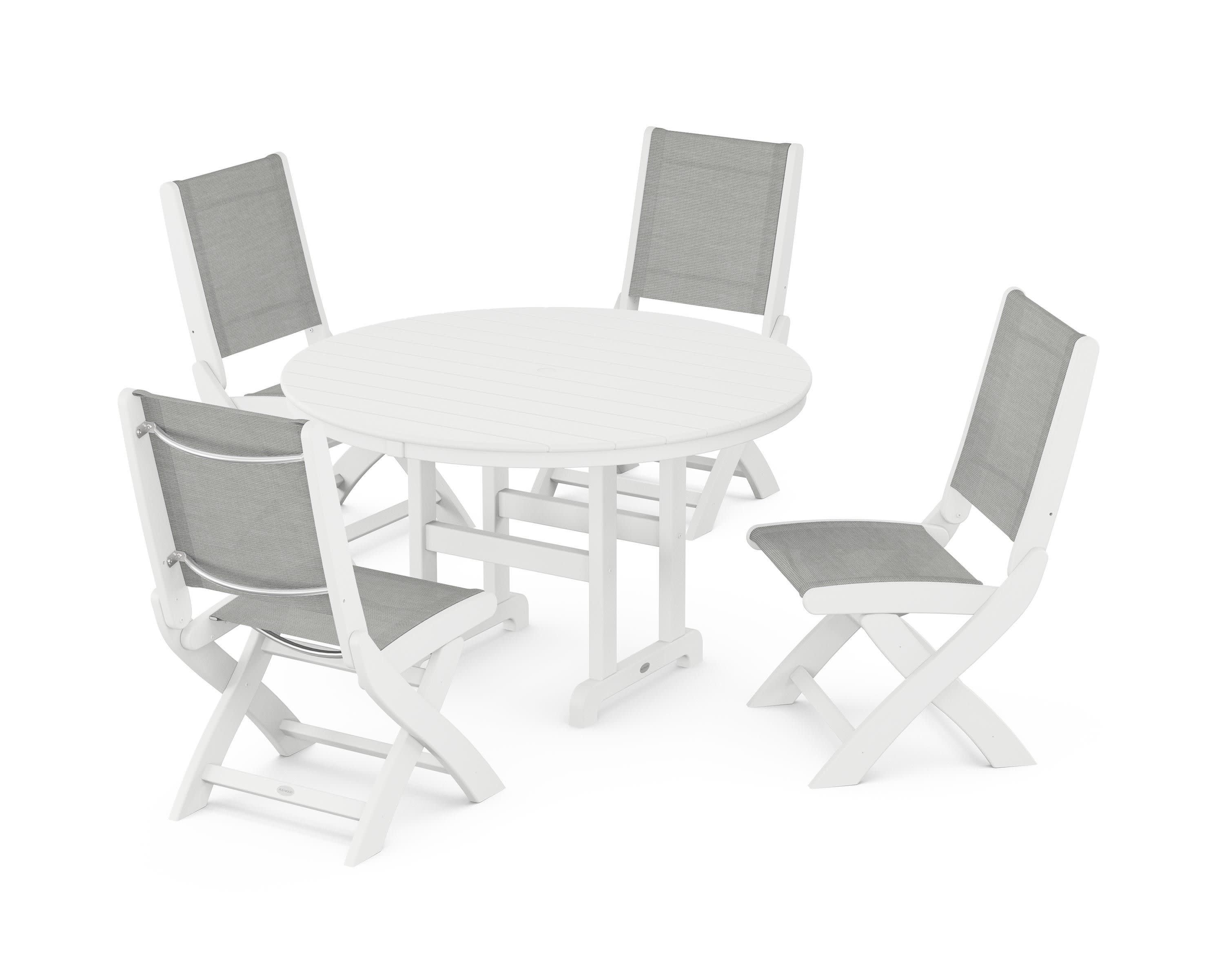Coastal Folding Side Chair 5-Piece Round Dining Set in White / Metallic Sling