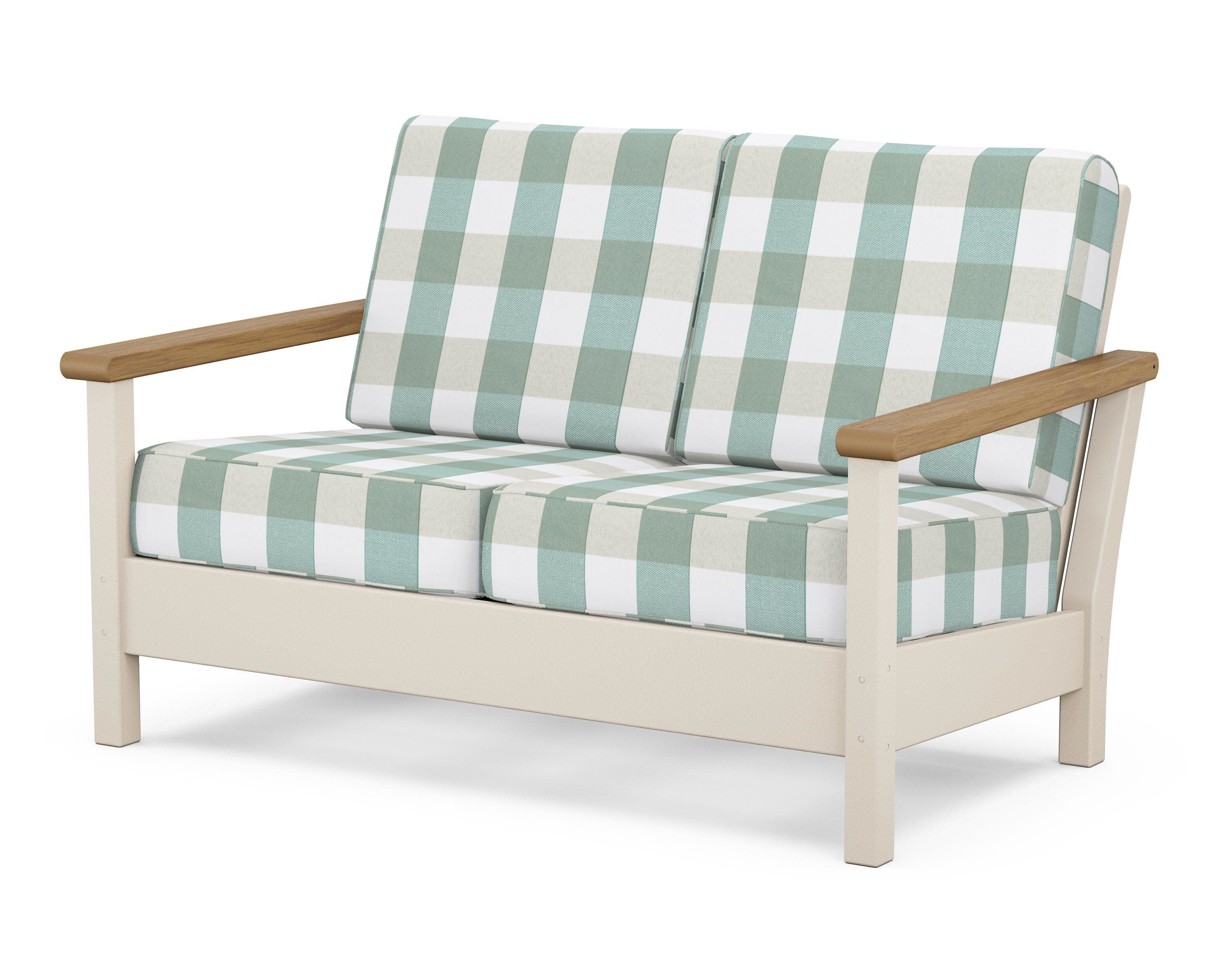 Harbour Deep Seating Loveseat in Sand / Natural / Buffalo Plaid Glacier Spa