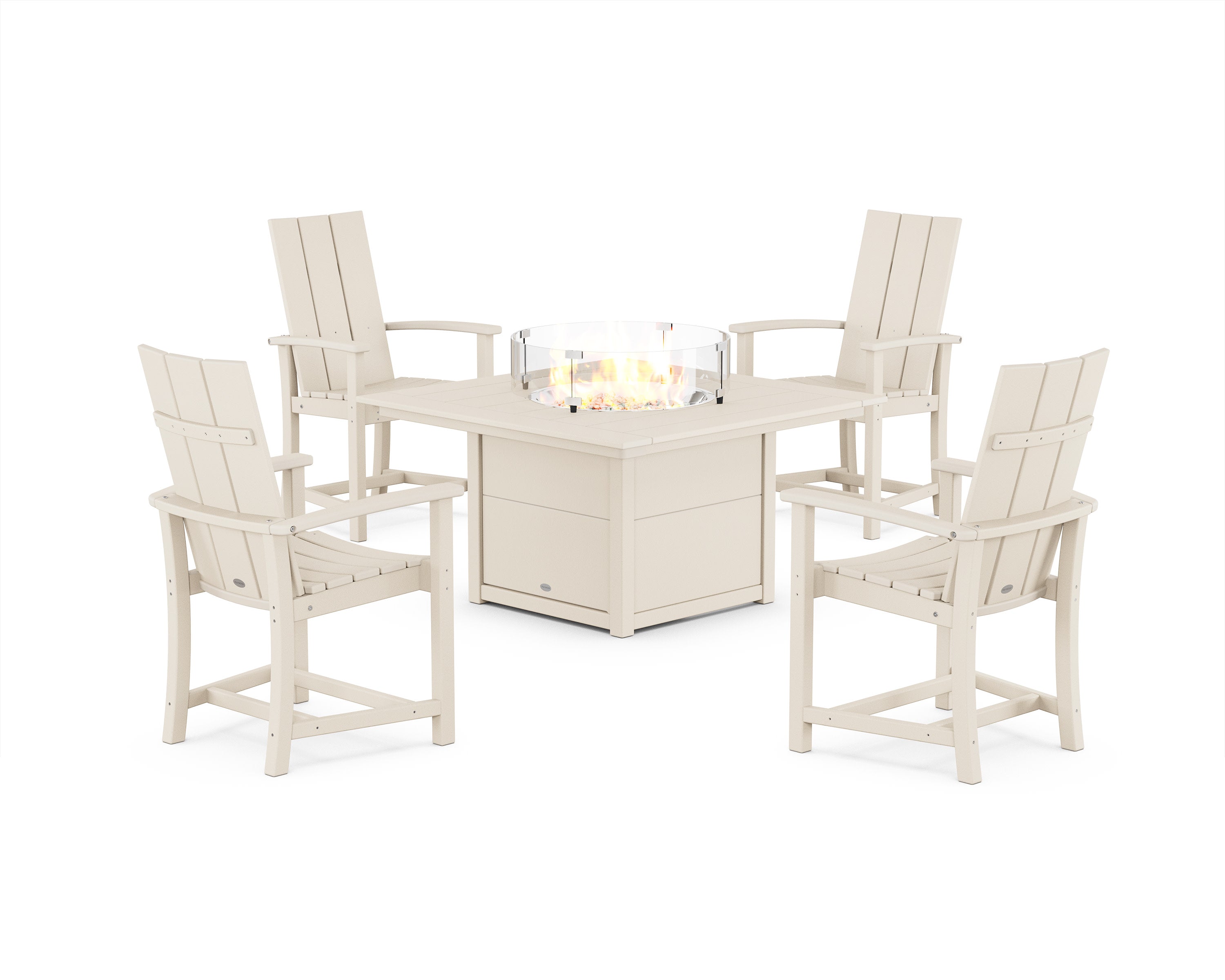 Modern 4-Piece Upright Adirondack Conversation Set with Fire Pit Table in Sand