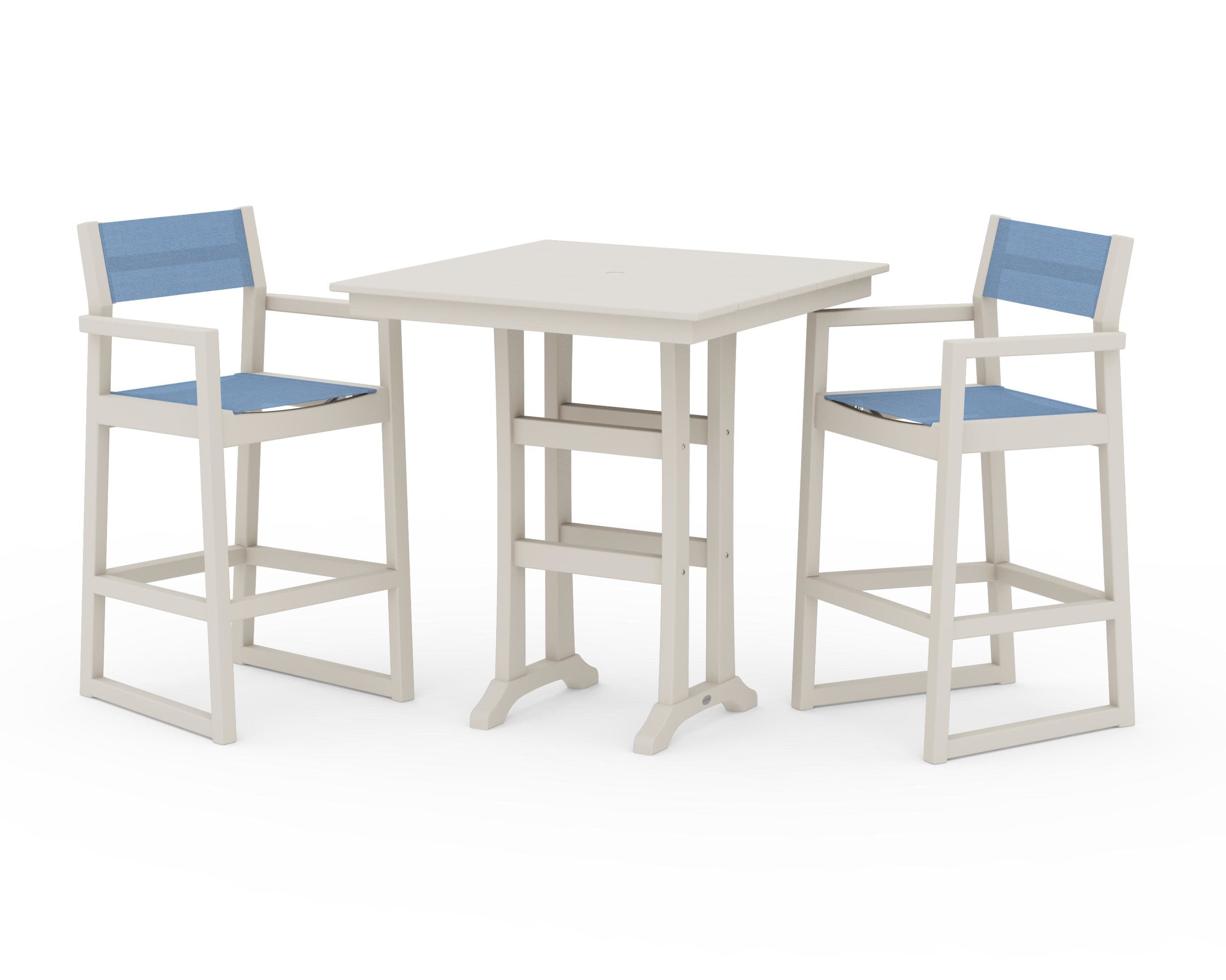 EDGE Sling Arm Chair 3-Piece Farmhouse Bar Set with Trestle Legs in Sand / Poolside Sling