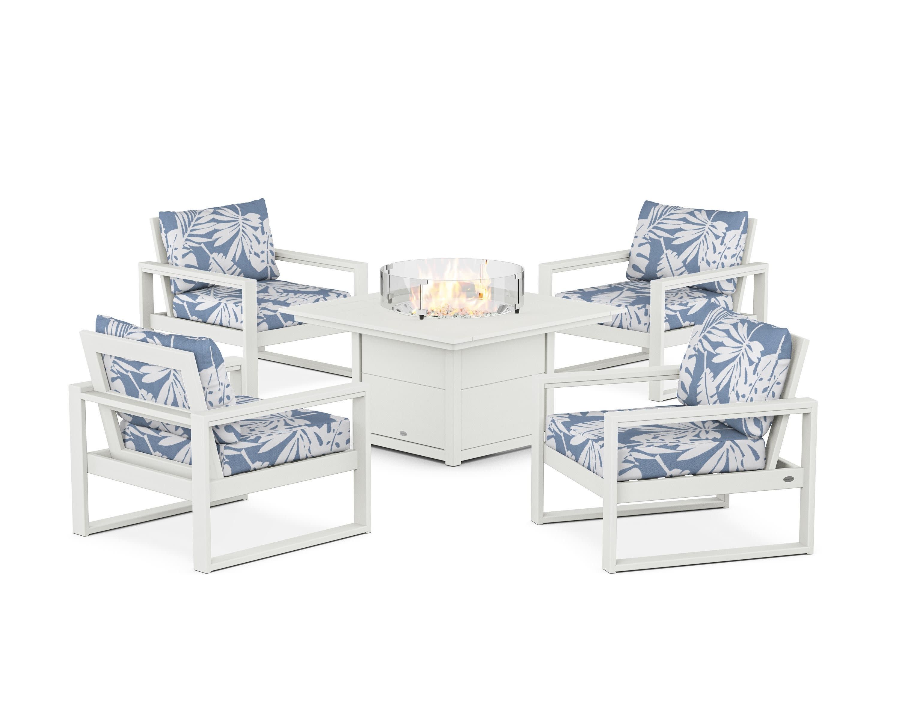 EDGE Sectional 5-Piece Deep Seating Set with Fire Pit Table in Vintage White / Leaf Sky Blue