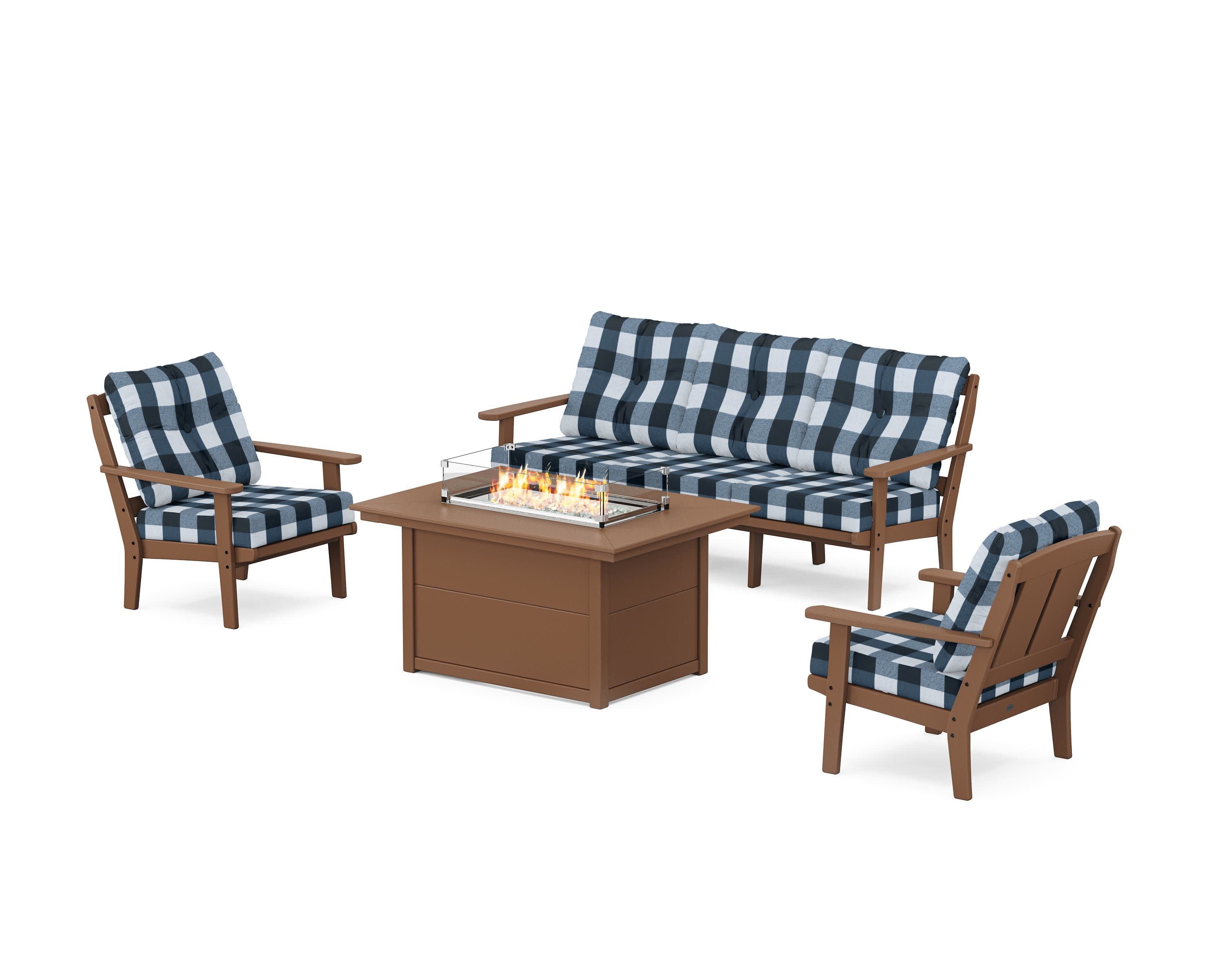 Mission Deep Seating Fire Pit Table Set in Teak / Buffalo Plaid Marine Indigo