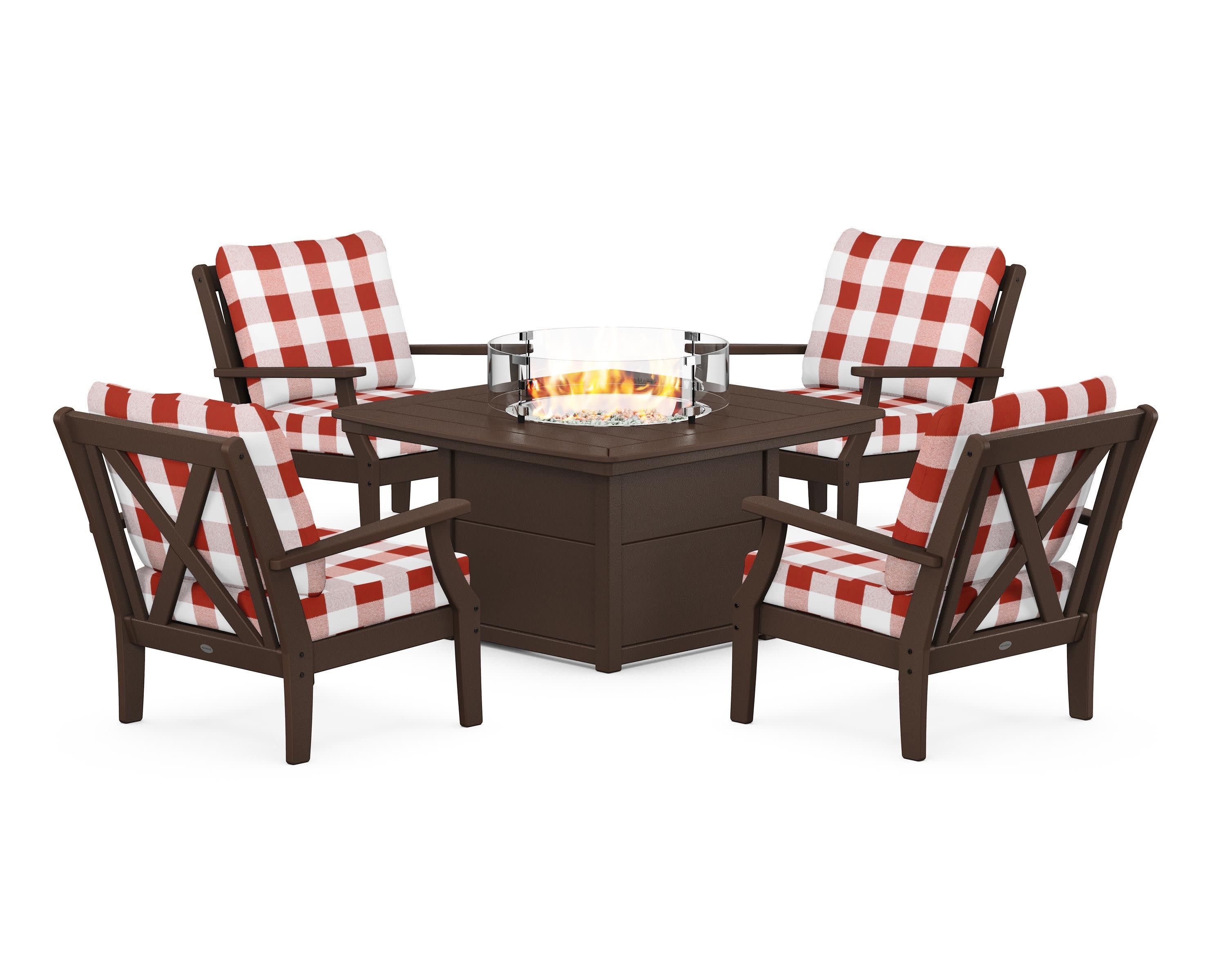 Braxton 5-Piece Deep Seating Conversation Set with Fire Pit Table in Mahogany / Buffalo Plaid Crimson