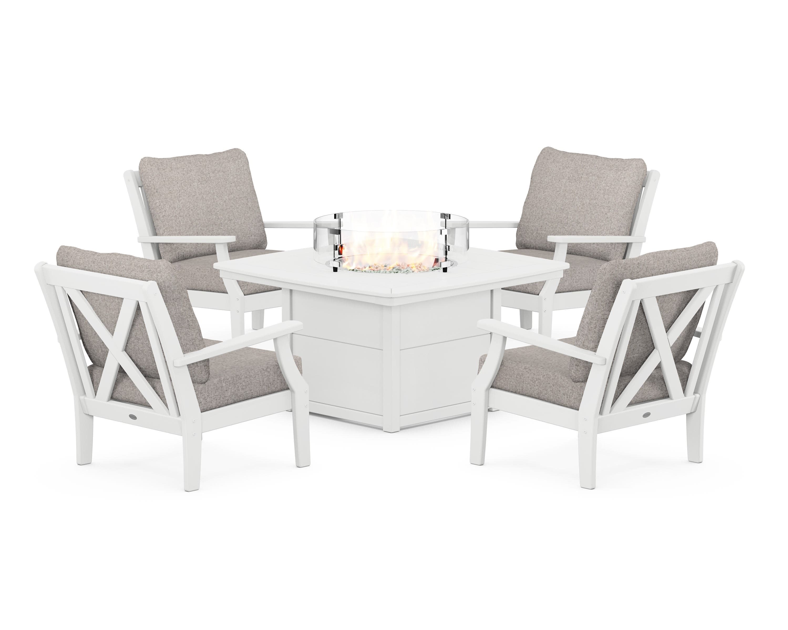 Braxton 5-Piece Deep Seating Conversation Set with Fire Pit Table in White / Weathered Tweed
