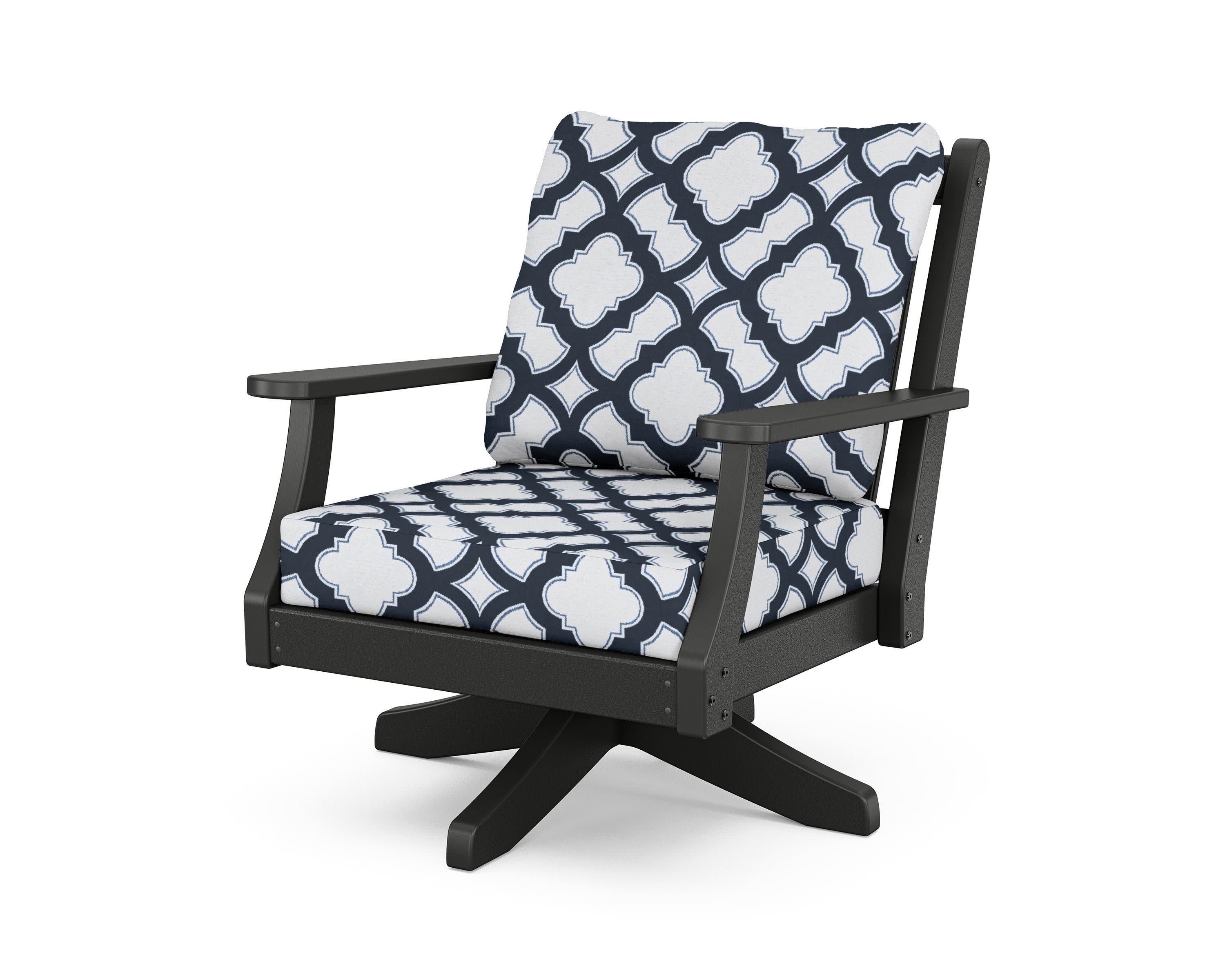 Wovendale Deep Seating Swivel Chair in Black / Trellis Marine Indigo