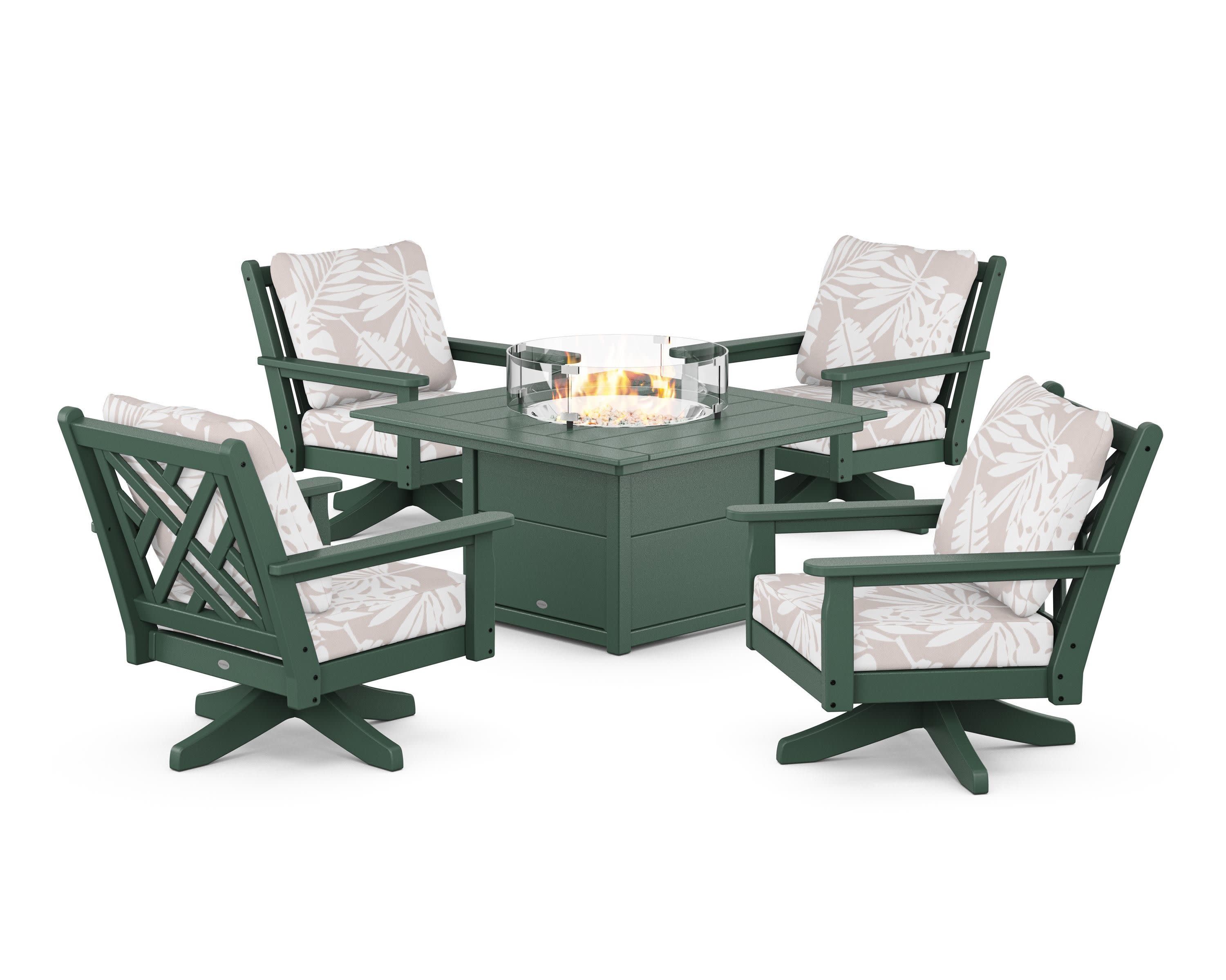 Chippendale 5-Piece Deep Seating Swivel Conversation Set with Fire Pit Table in Green / Leaf Dune Burlap
