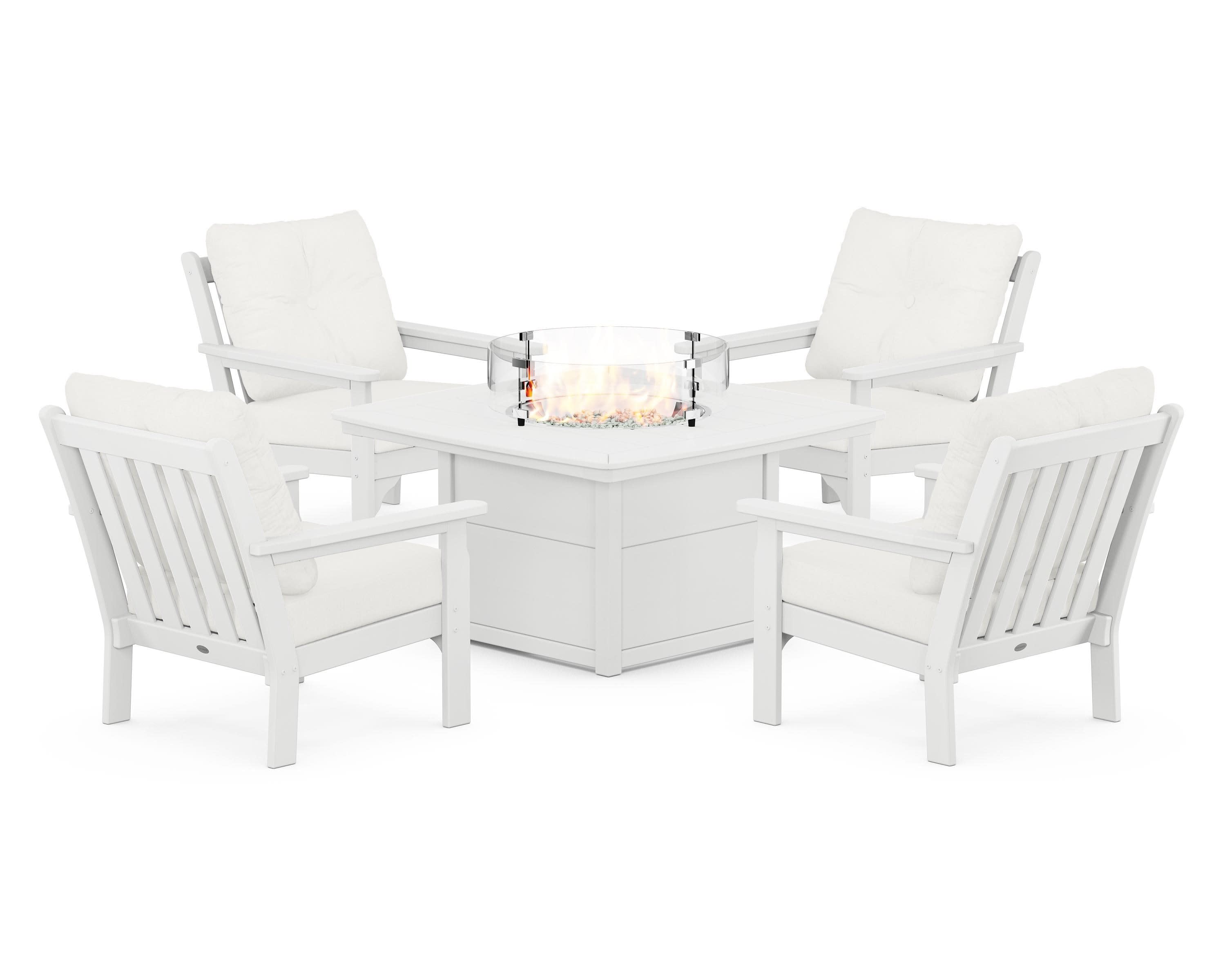 Vineyard 5-Piece Conversation Set with Fire Pit Table in White / Natural Linen
