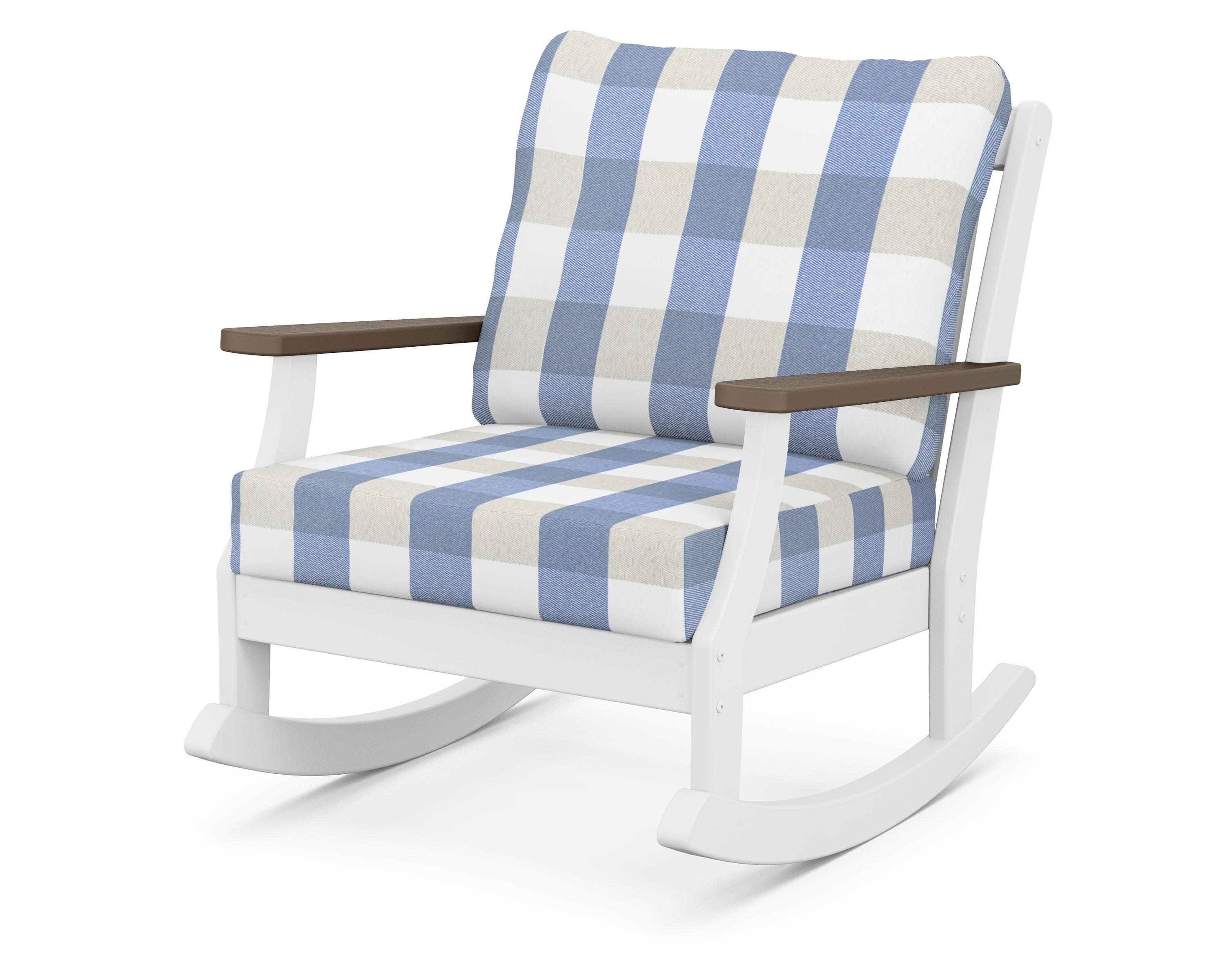 Braxton Deep Seating Rocking Chair in White / Kona / Buffalo Plaid Sky Blue