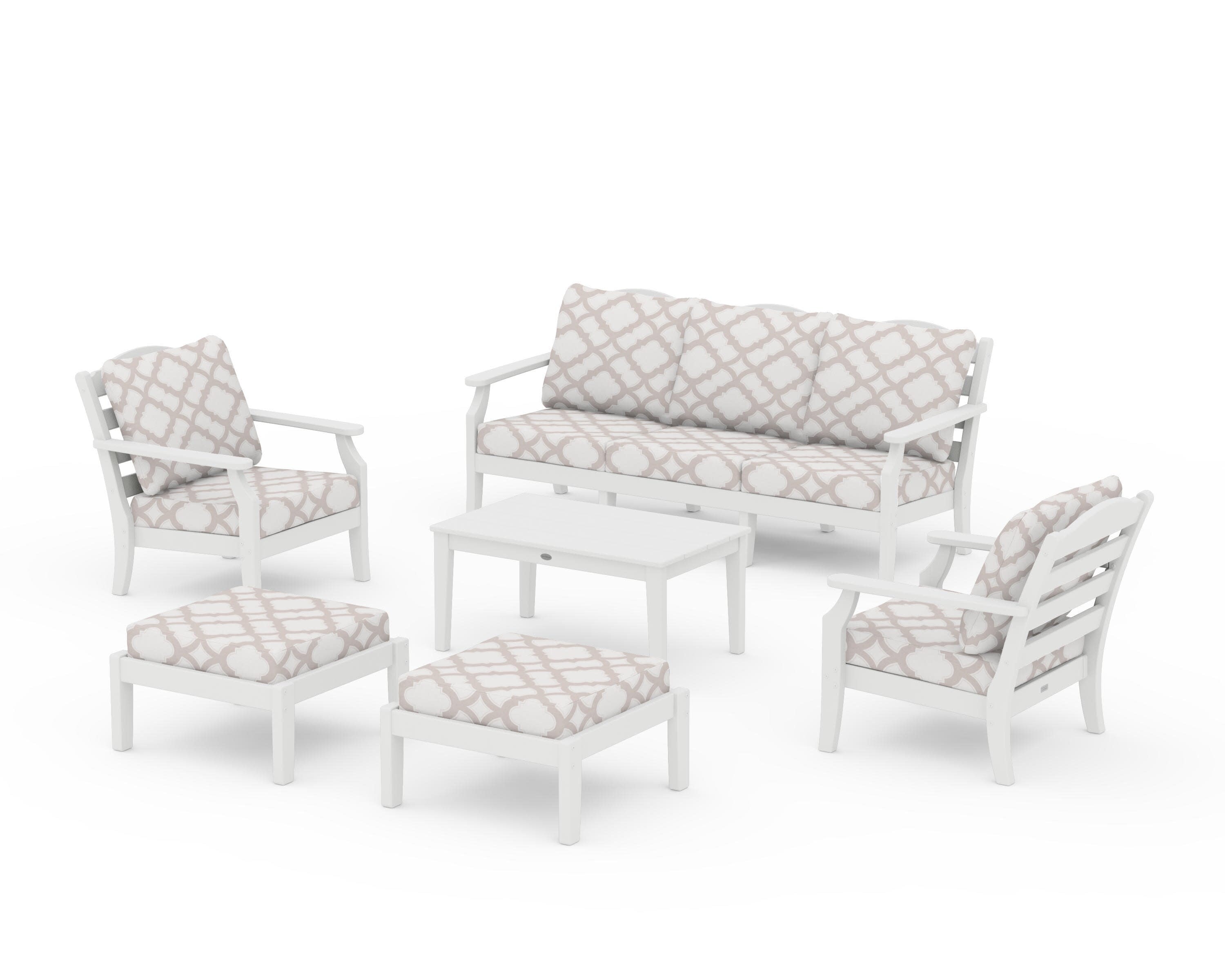 Savannah 6-Piece Lounge Sofa Set in White / Trellis Dune Burlap