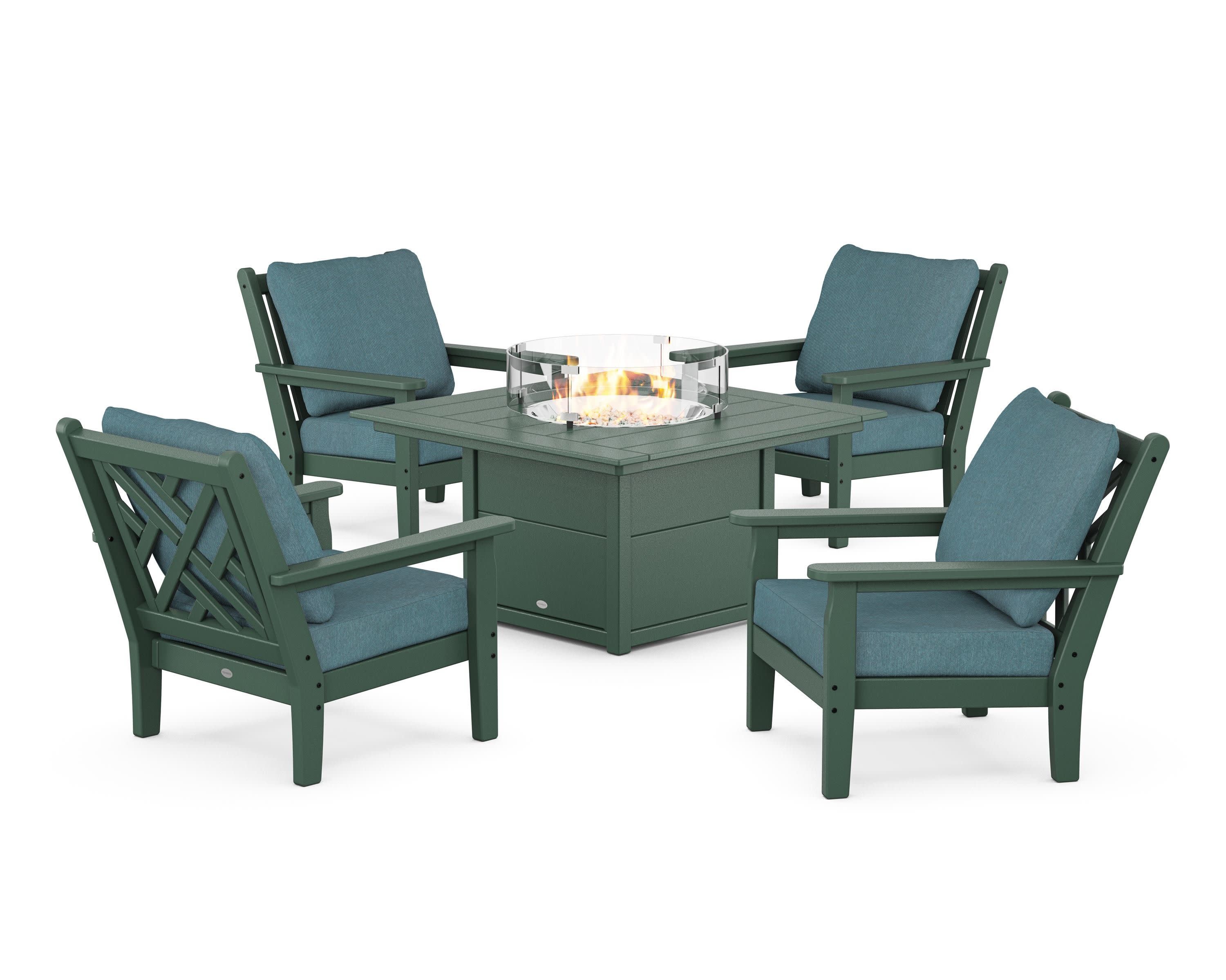 Chippendale 5-Piece Deep Seating Set with Fire Pit Table in Green / Ocean Teal